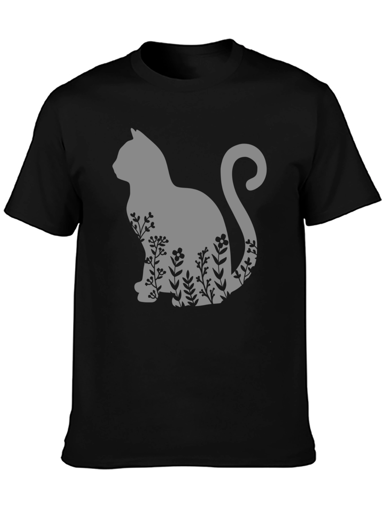 Cat & Floral T-Shirt - Black Tee