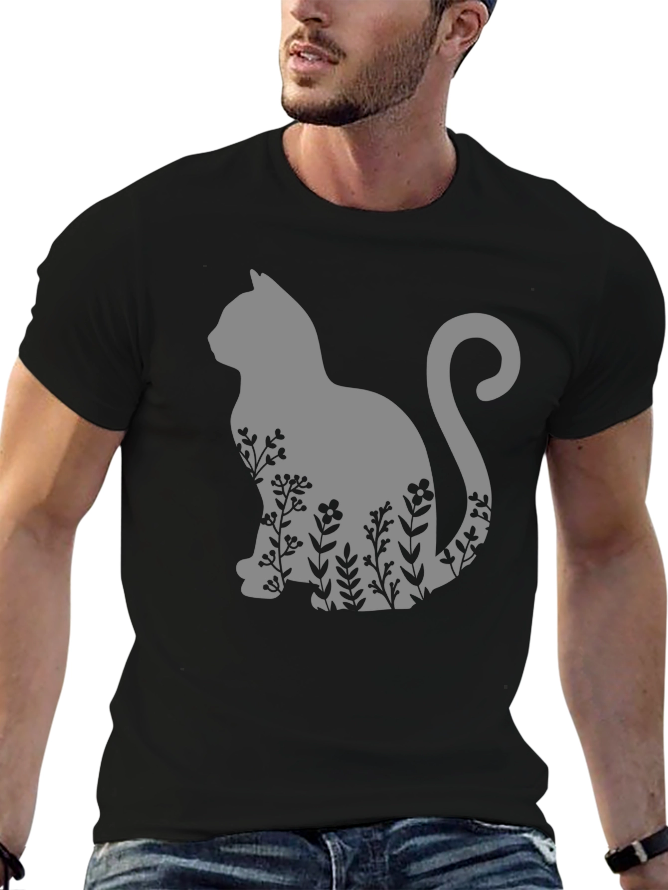 Cat & Floral T-Shirt - Black Tee