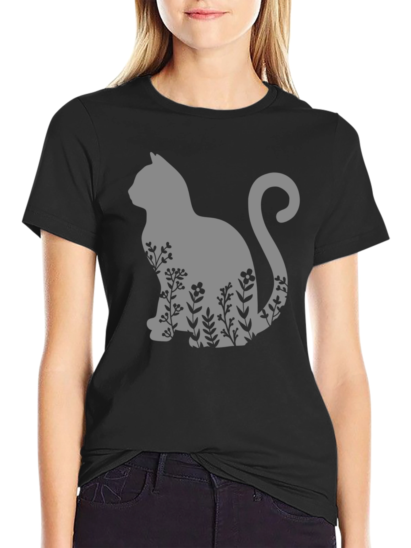 Cat & Floral T-Shirt - Black Tee