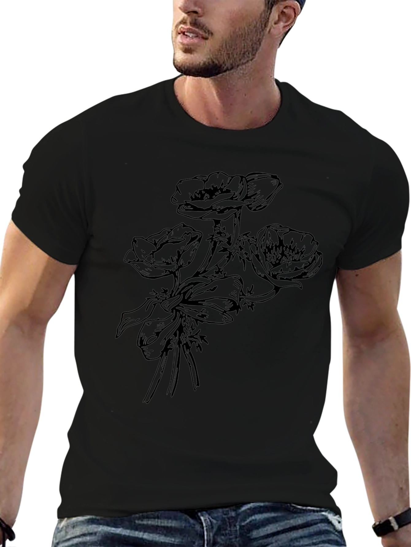 Floral Print Mens T-Shirt - Black