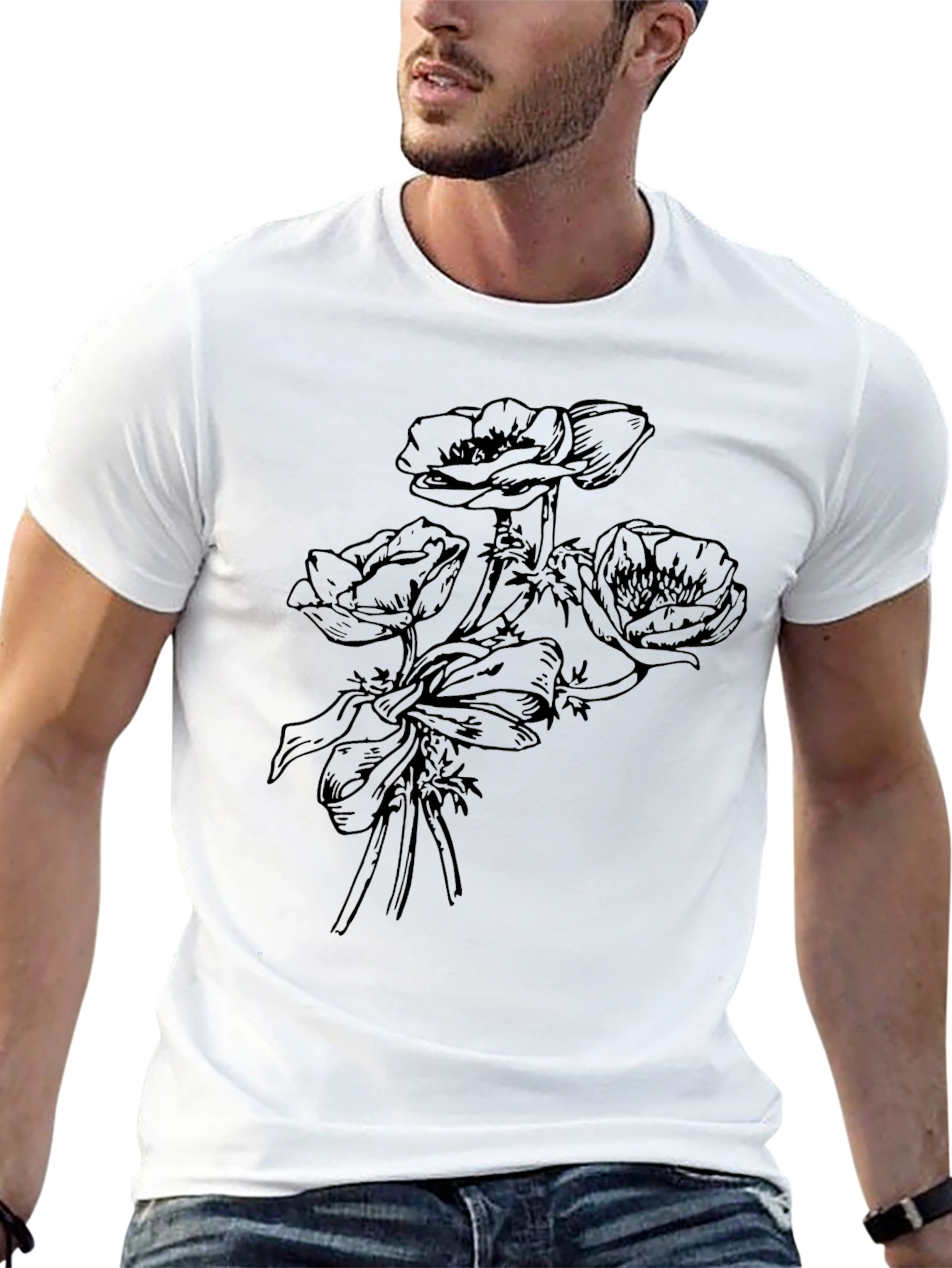 Floral Print Mens T-Shirt - Black