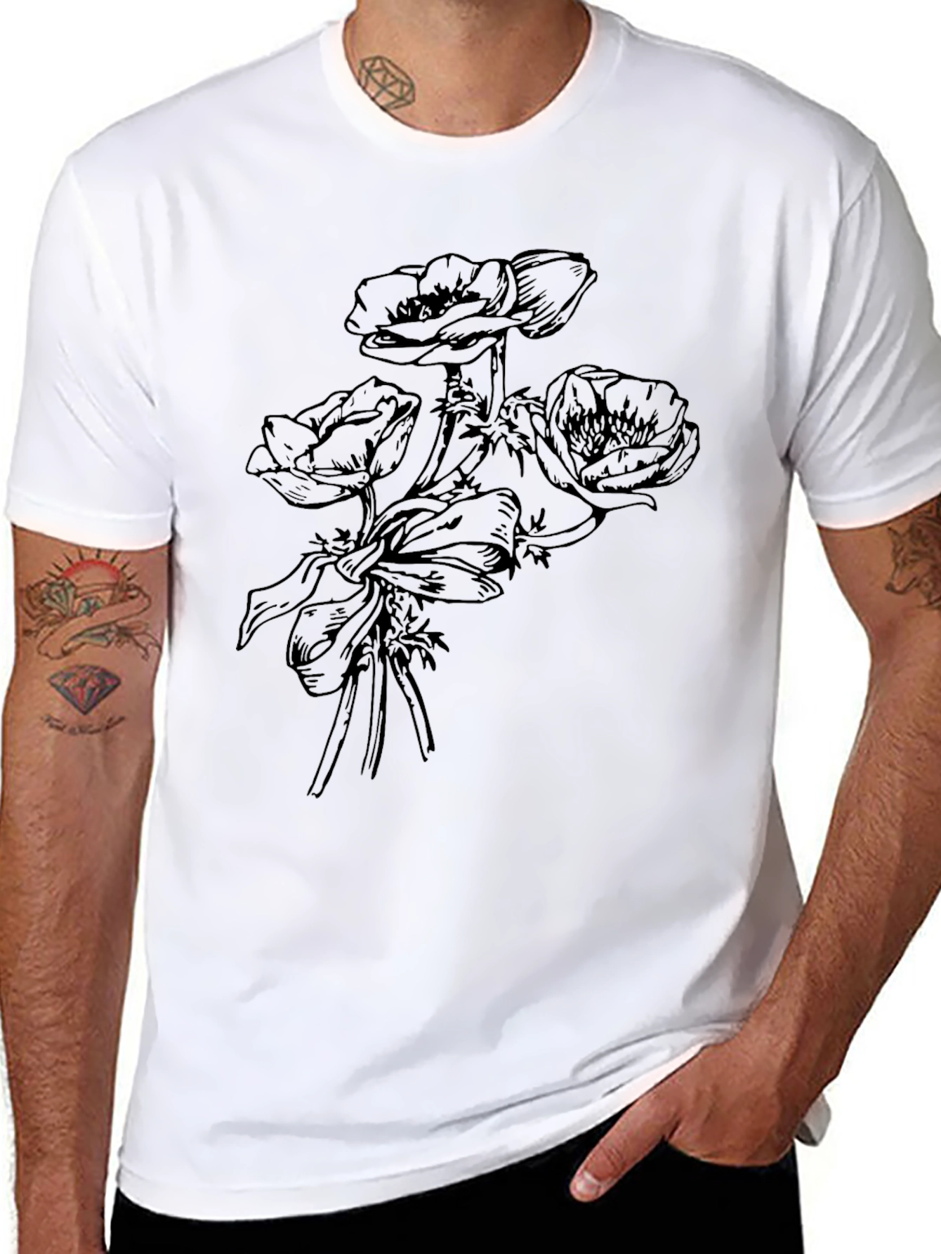Floral Print Mens T-Shirt - Black