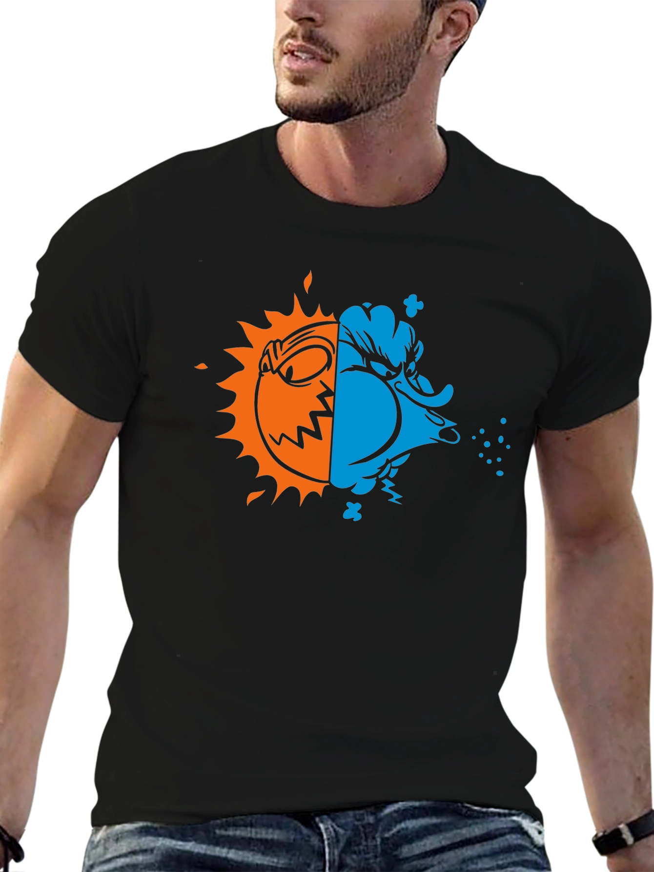 Black T-Shirt with Half Sun and Half Snow Design