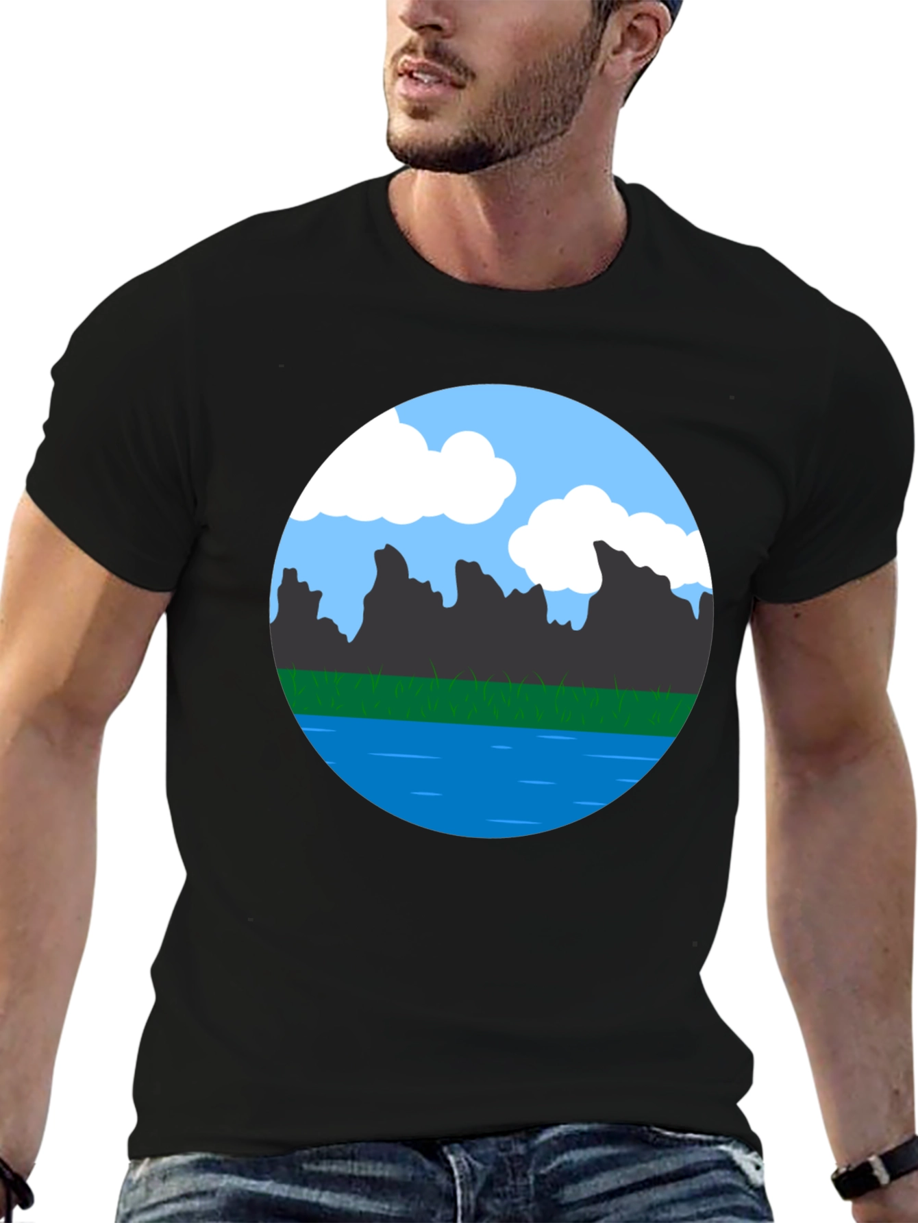 Scenic Landscape Graphic Tee - Black Cotton Blend