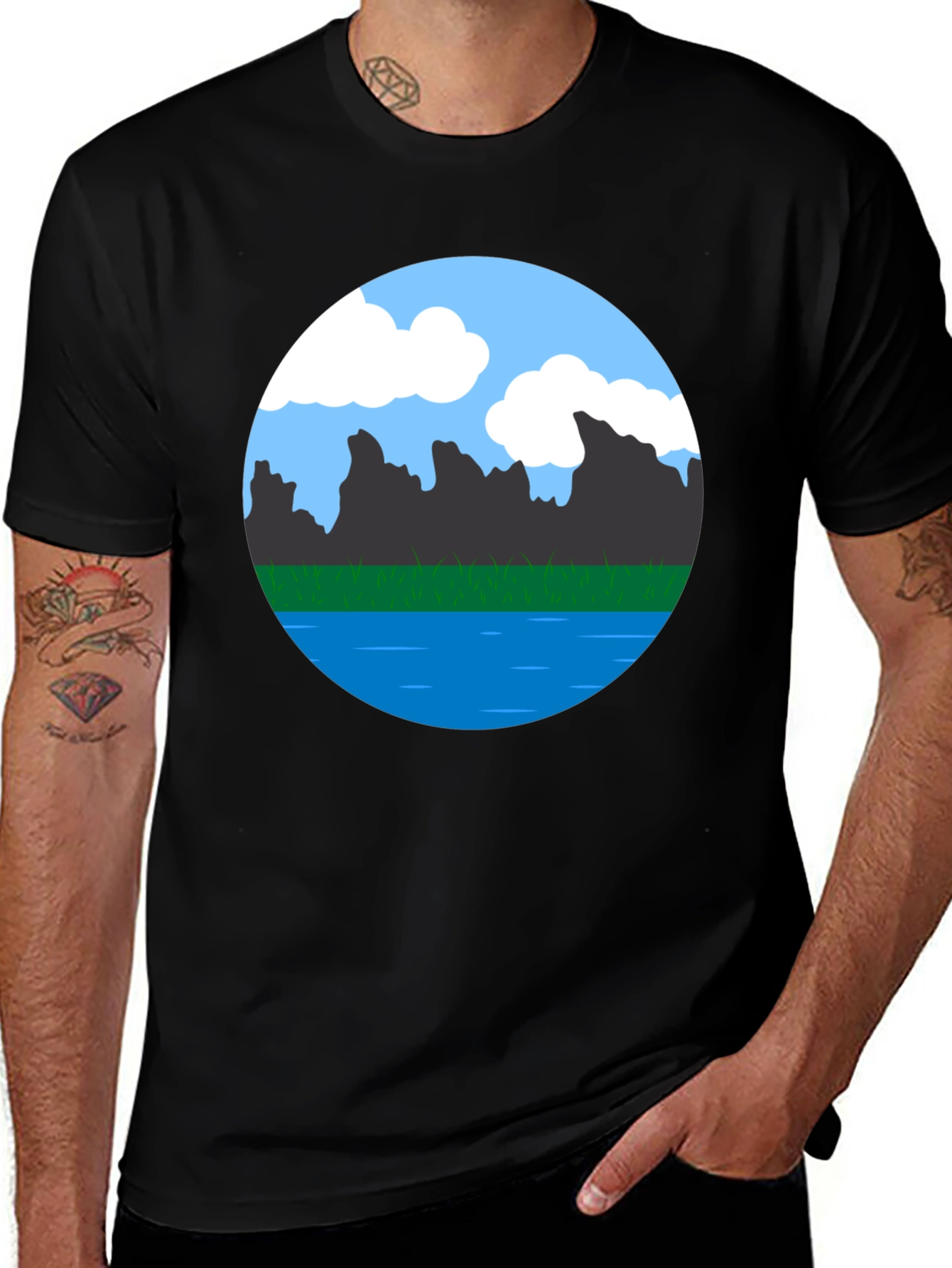 Scenic Landscape Graphic Tee - Black Cotton Blend