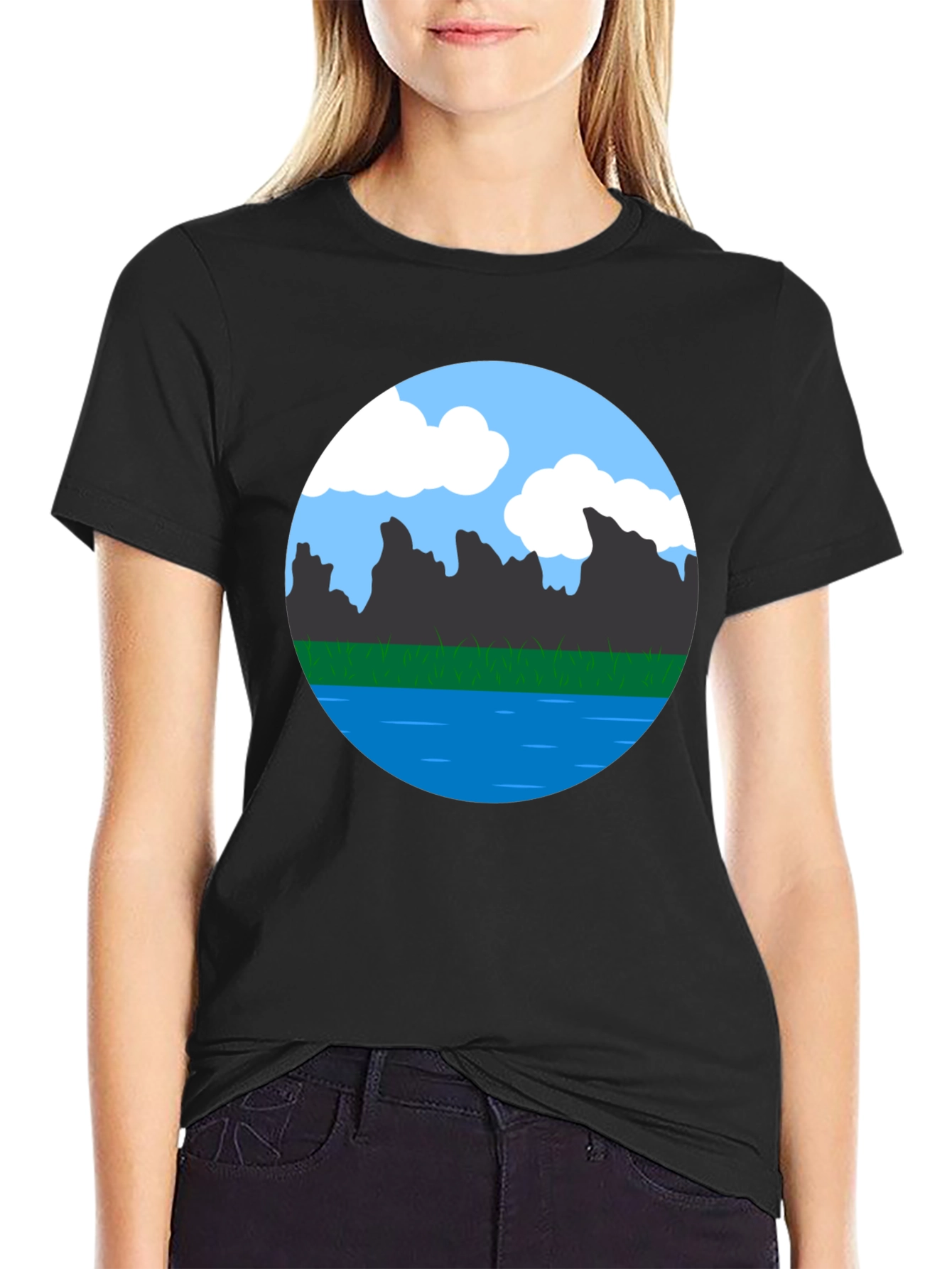 Scenic Landscape Graphic Tee - Black Cotton Blend