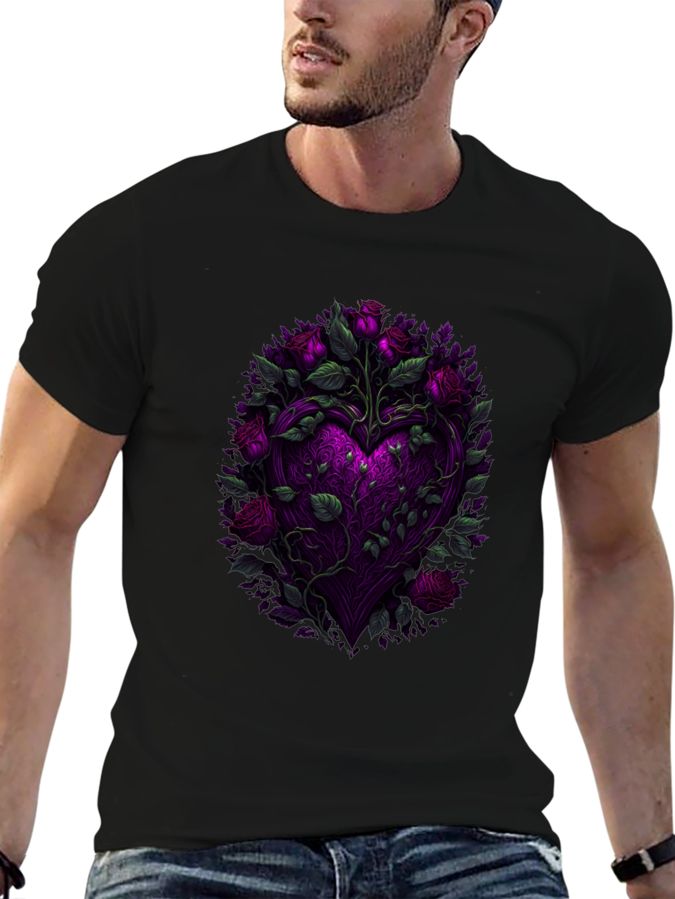 Floral Heart Graphic Black T-Shirt