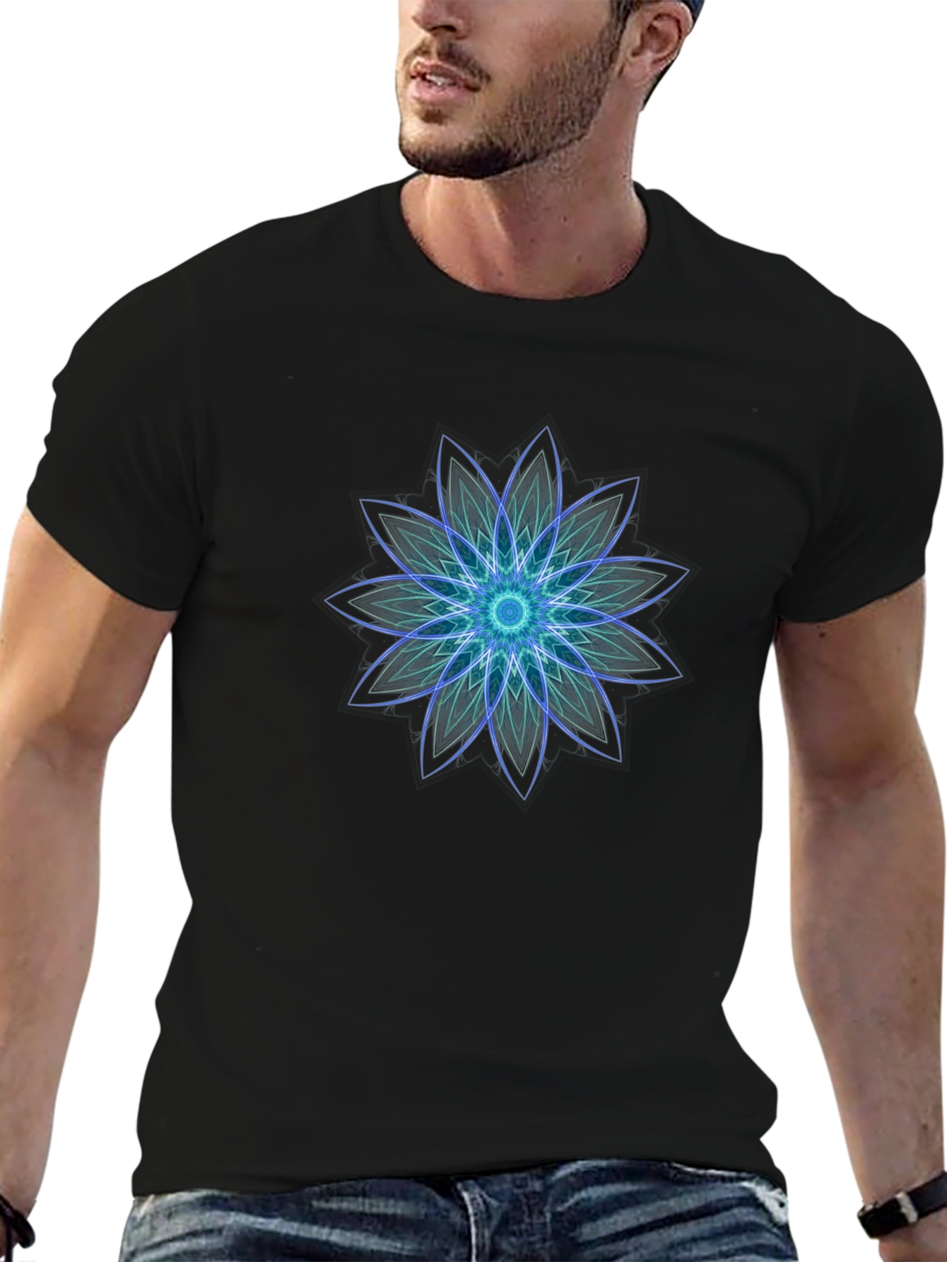 Geometric Flower Graphic Black T-Shirt