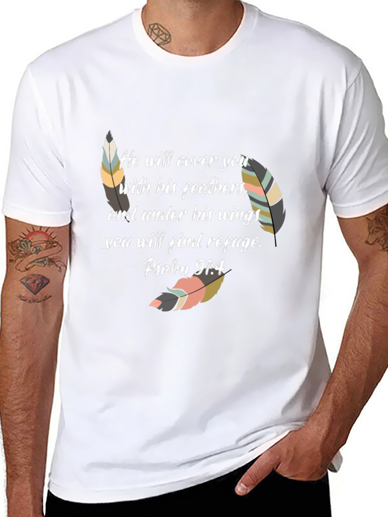 Faith-Based Feather Graphic Tee - Psalm 91:4