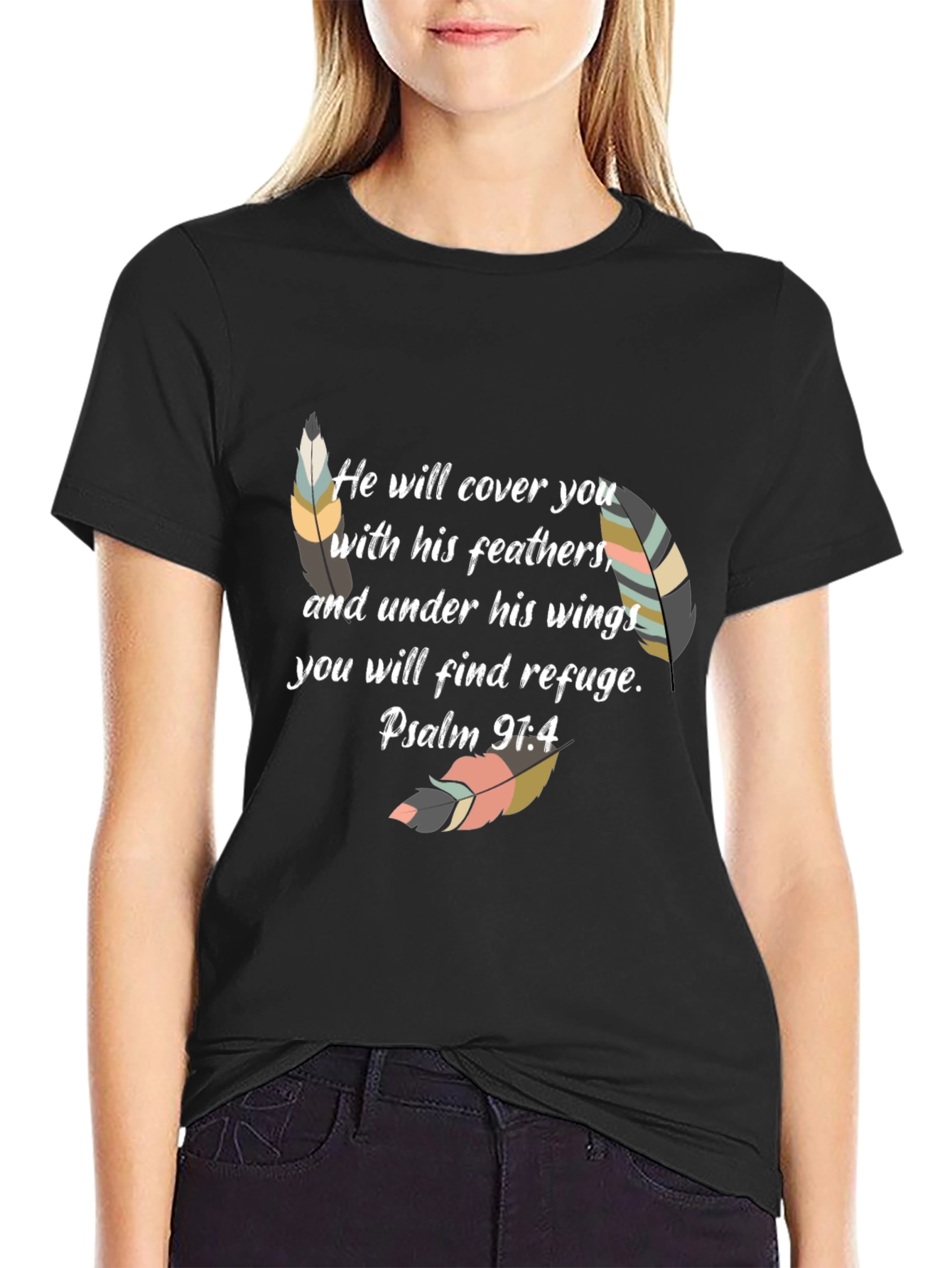Faith-Based Feather Graphic Tee - Psalm 91:4