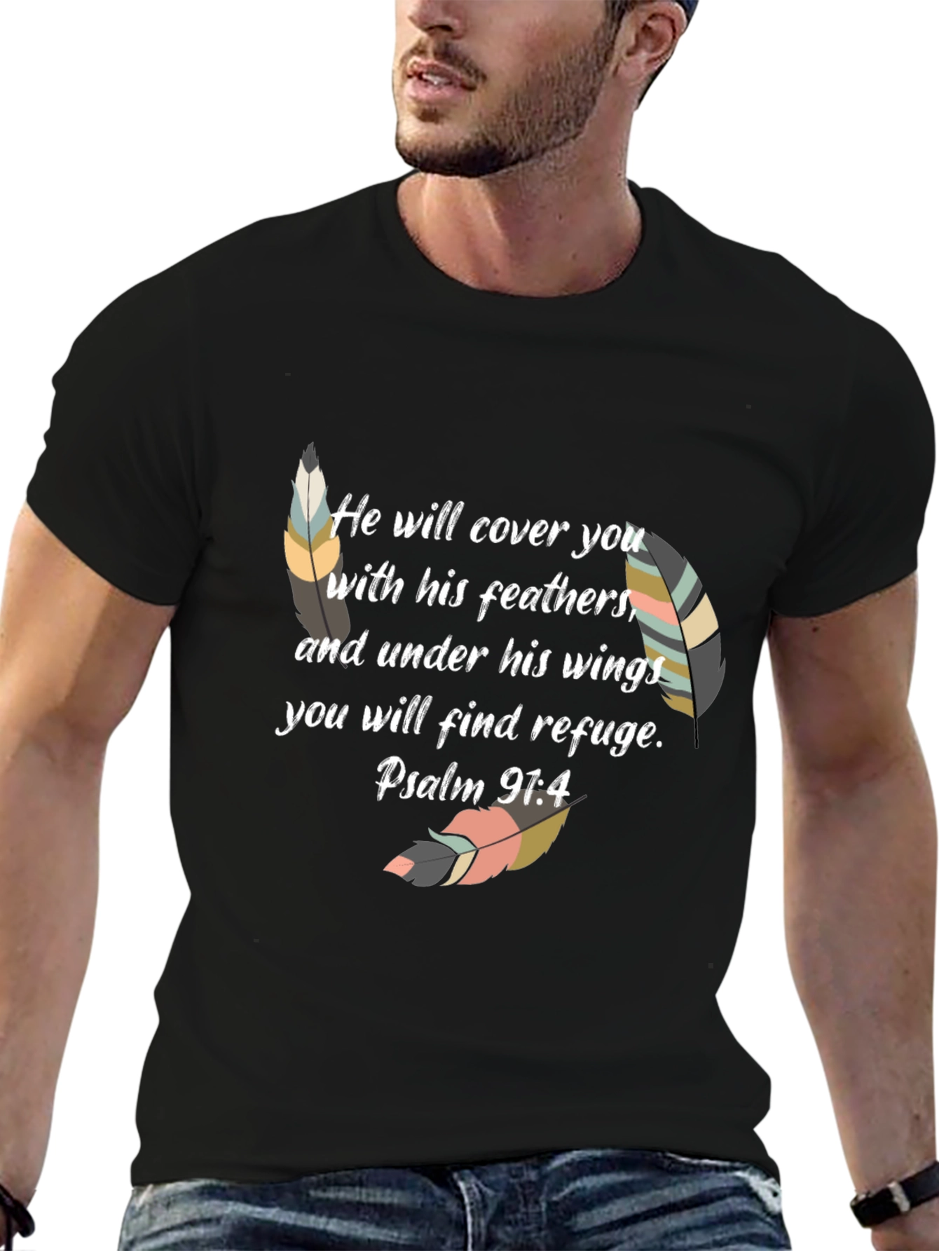 Faith-Based Feather Graphic Tee - Psalm 91:4