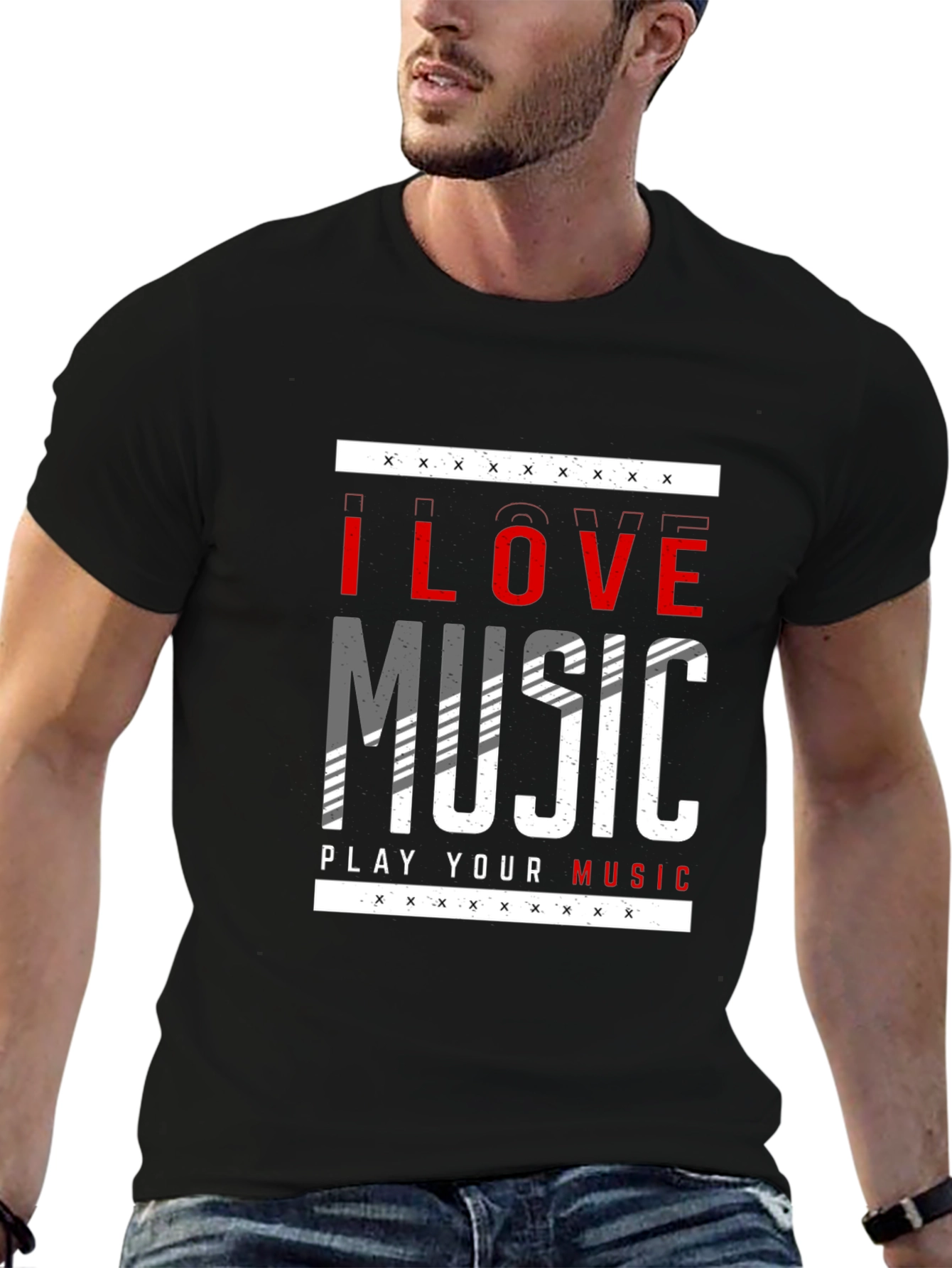 I Love Music Graphic Print Black T-Shirt
