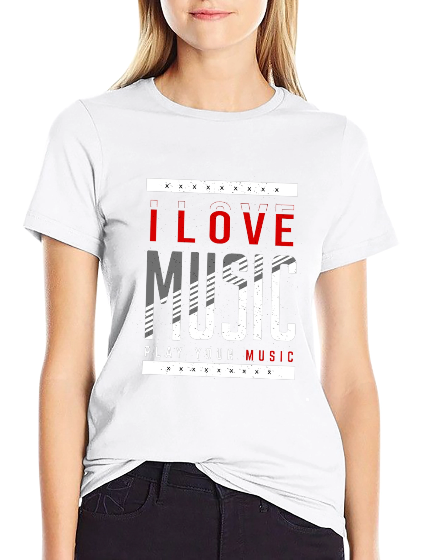 I Love Music Graphic Print Black T-Shirt