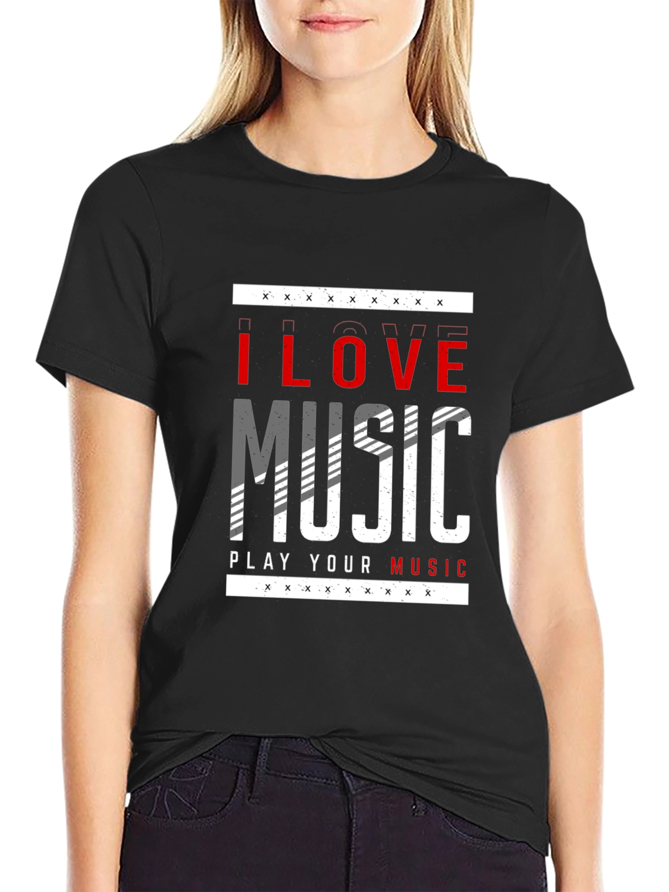 I Love Music Graphic Print Black T-Shirt