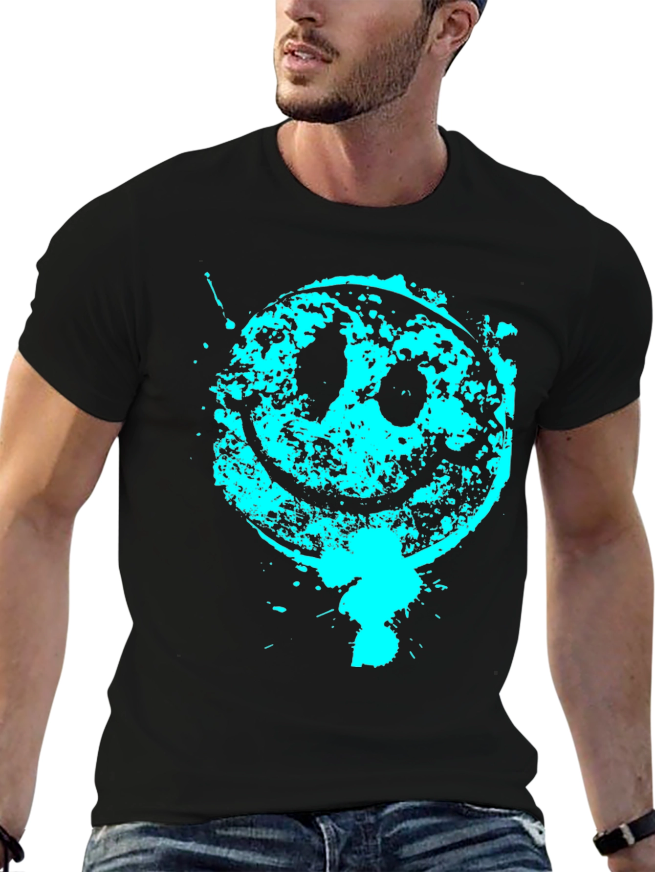 Grunge Smiley Face Graphic Tee - Black Cotton Blend