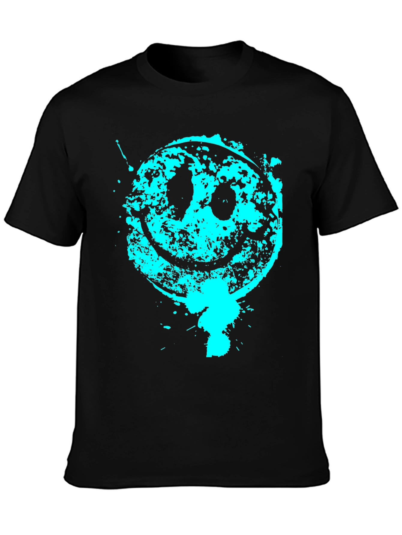Grunge Smiley Face Graphic Tee - Black Cotton Blend
