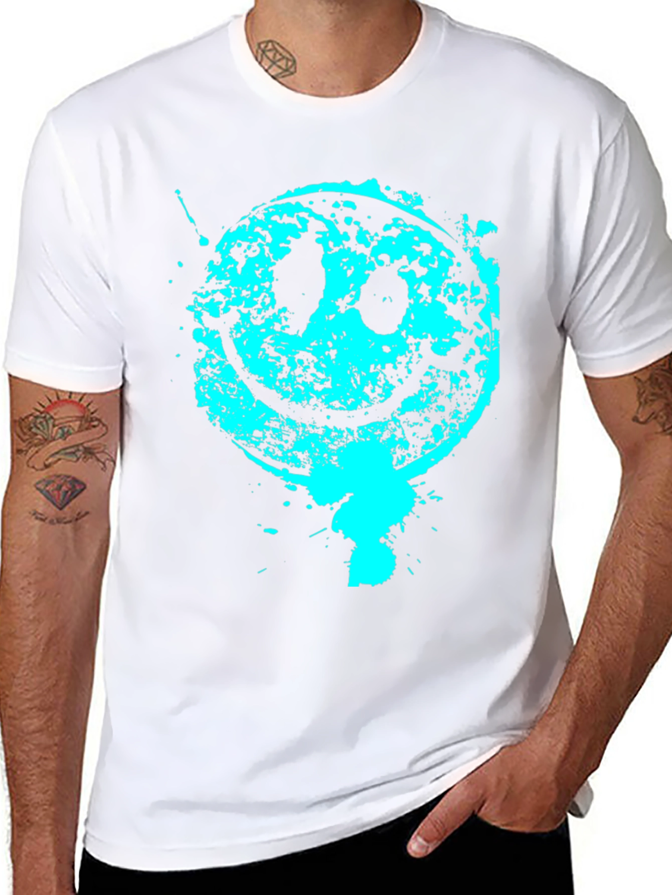 Grunge Smiley Face Graphic Tee - Black Cotton Blend