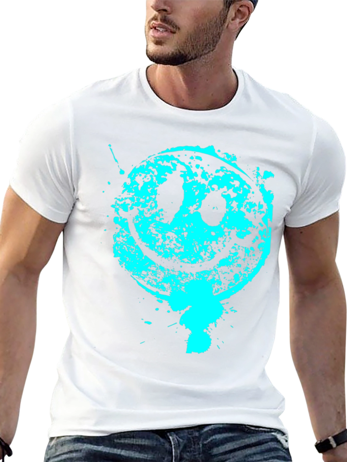 Grunge Smiley Face Graphic Tee - Black Cotton Blend