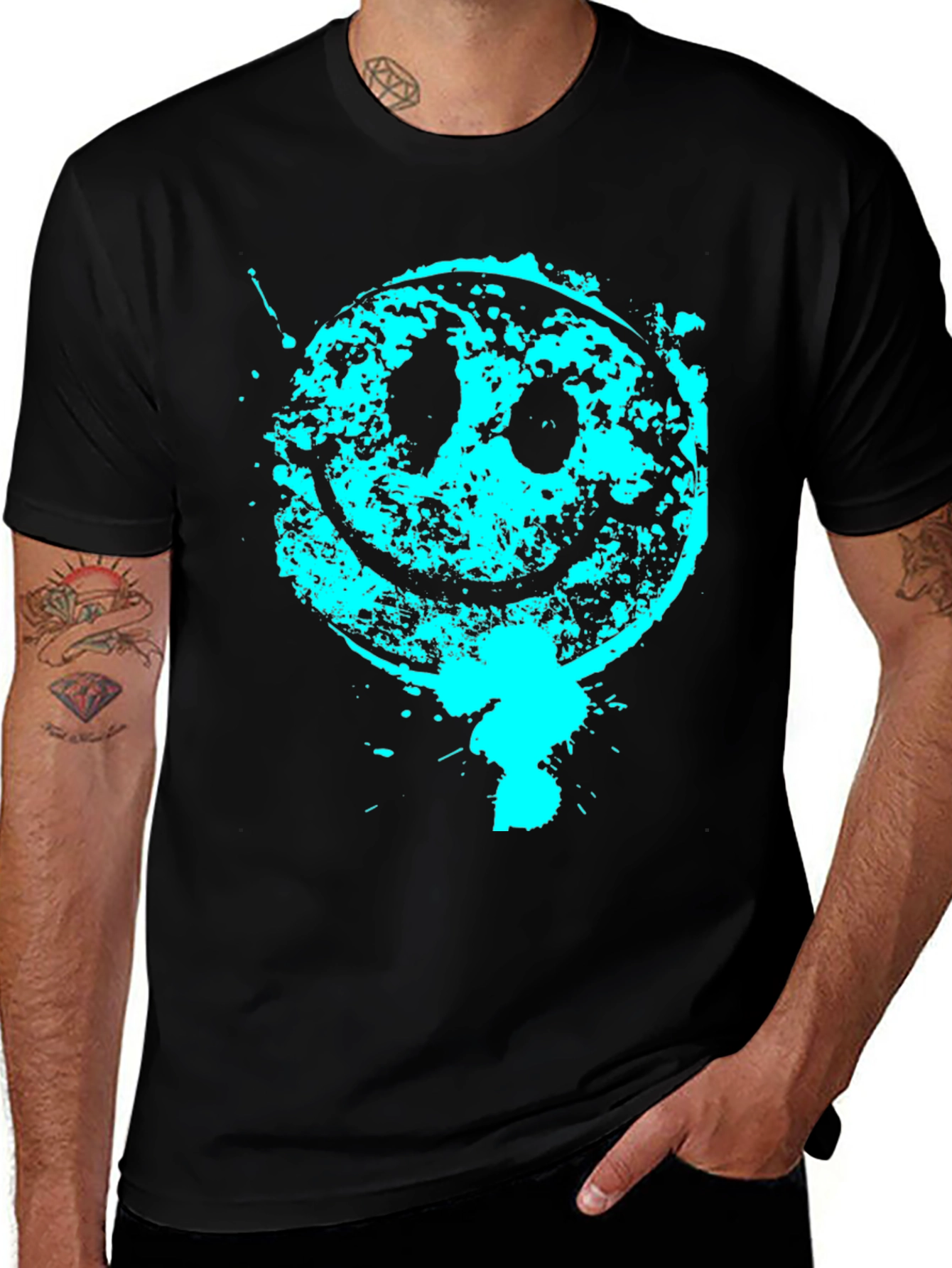 Grunge Smiley Face Graphic Tee - Black Cotton Blend