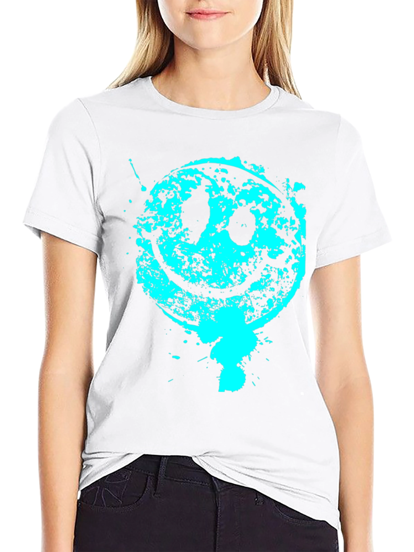 Grunge Smiley Face Graphic Tee - Black Cotton Blend