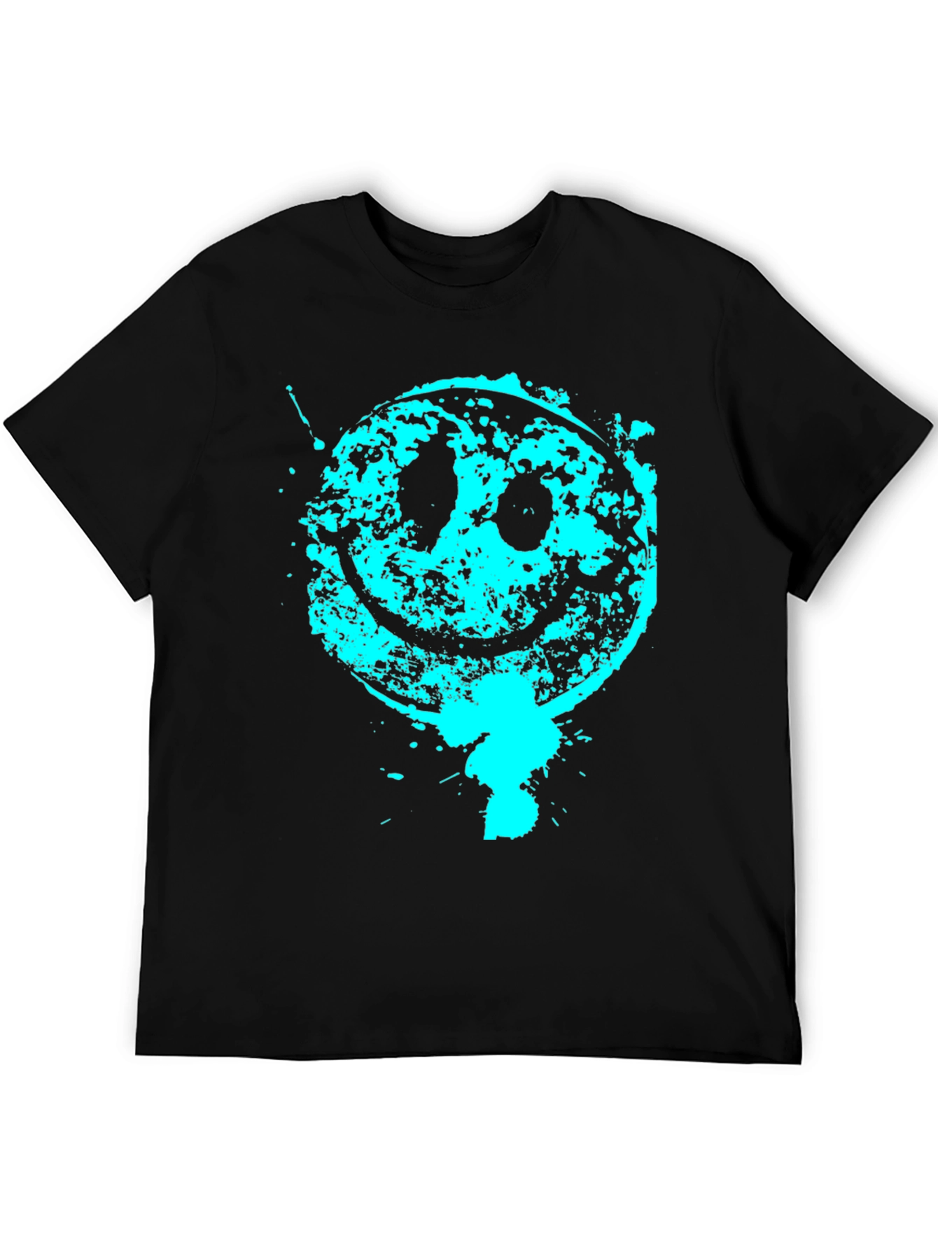 Grunge Smiley Face Graphic Tee - Black Cotton Blend