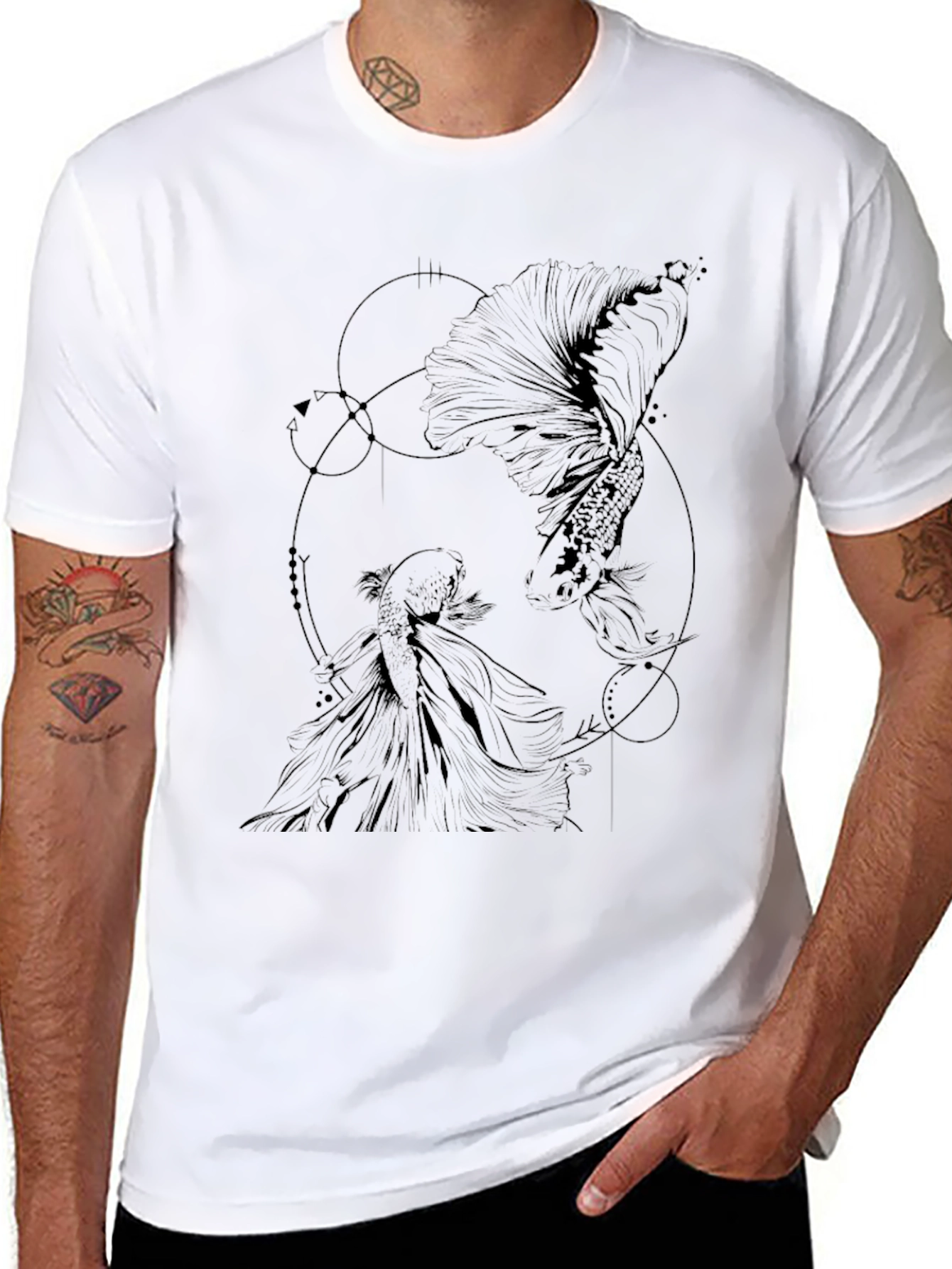 Geometric Fish Graphic Tee - Black Cotton