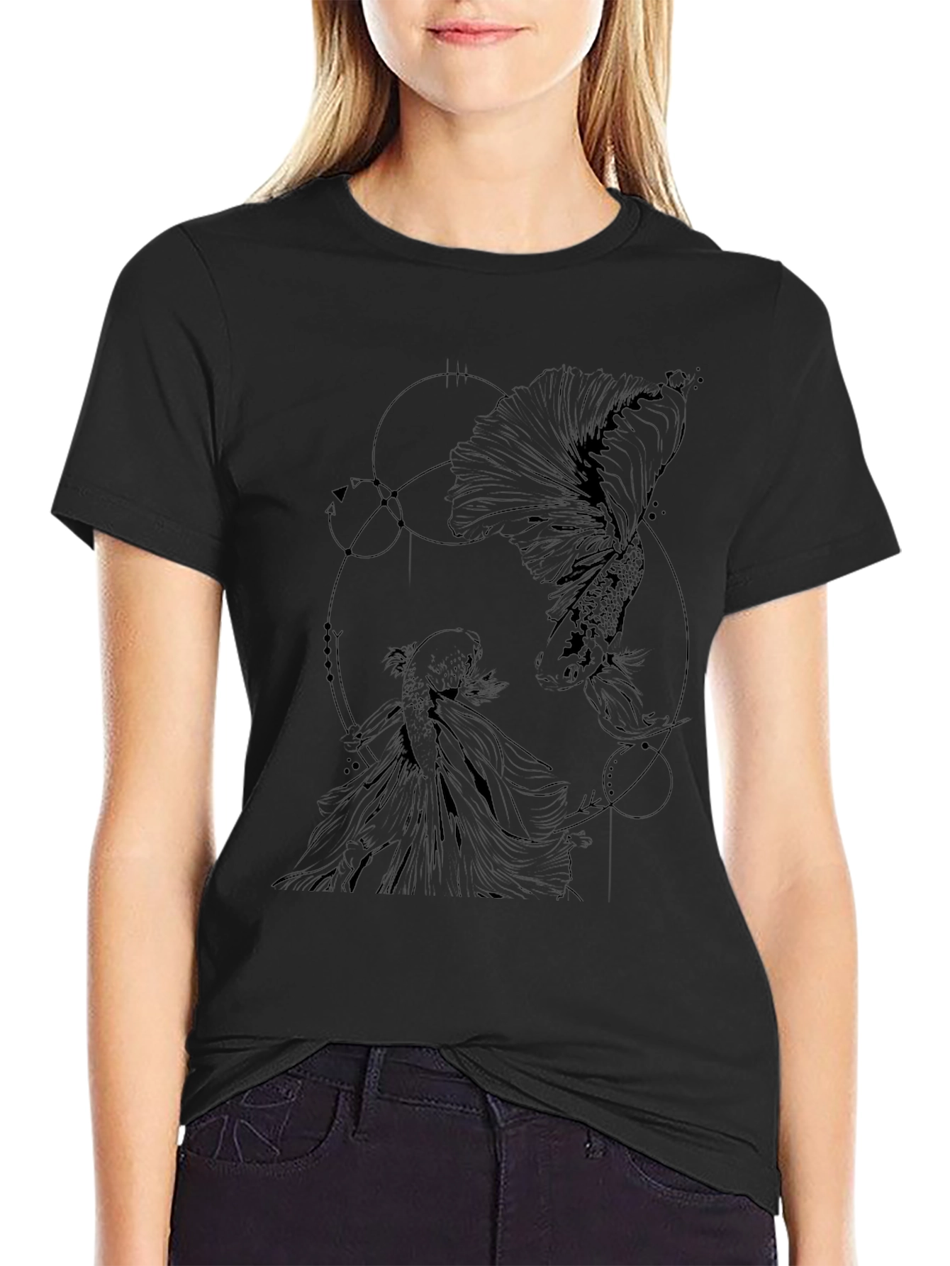 Geometric Fish Graphic Tee - Black Cotton