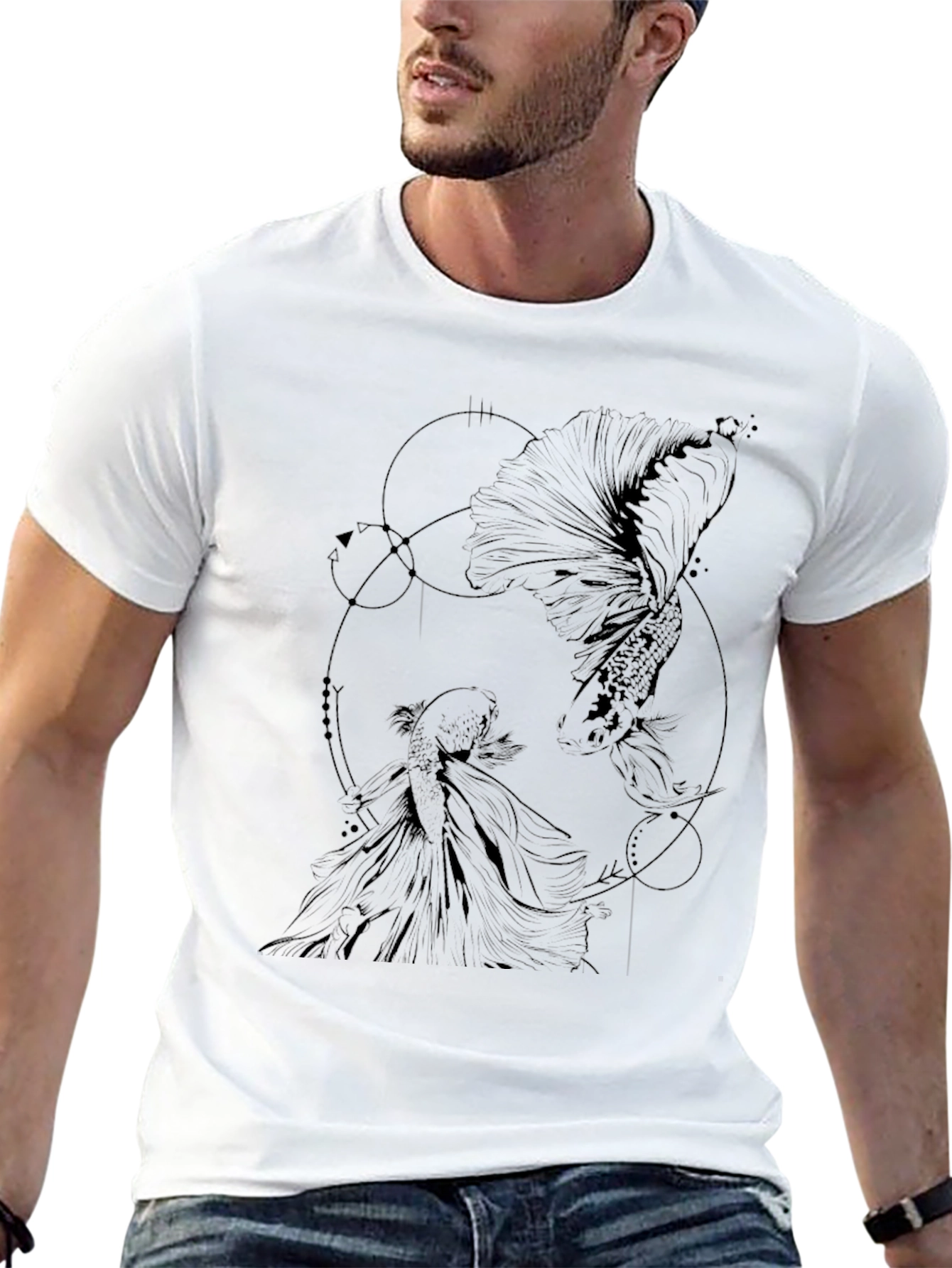 Geometric Fish Graphic Tee - Black Cotton