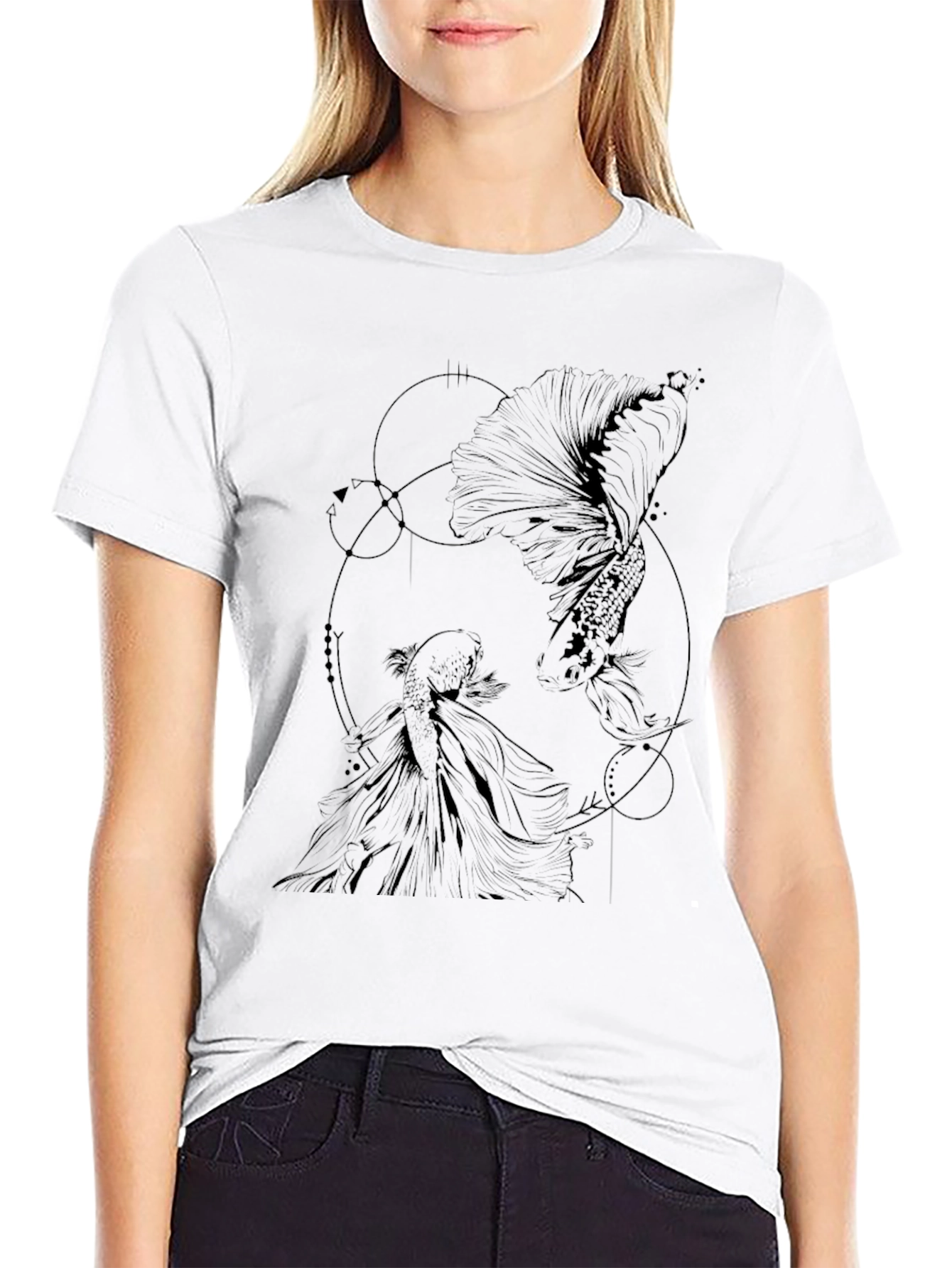 Geometric Fish Graphic Tee - Black Cotton