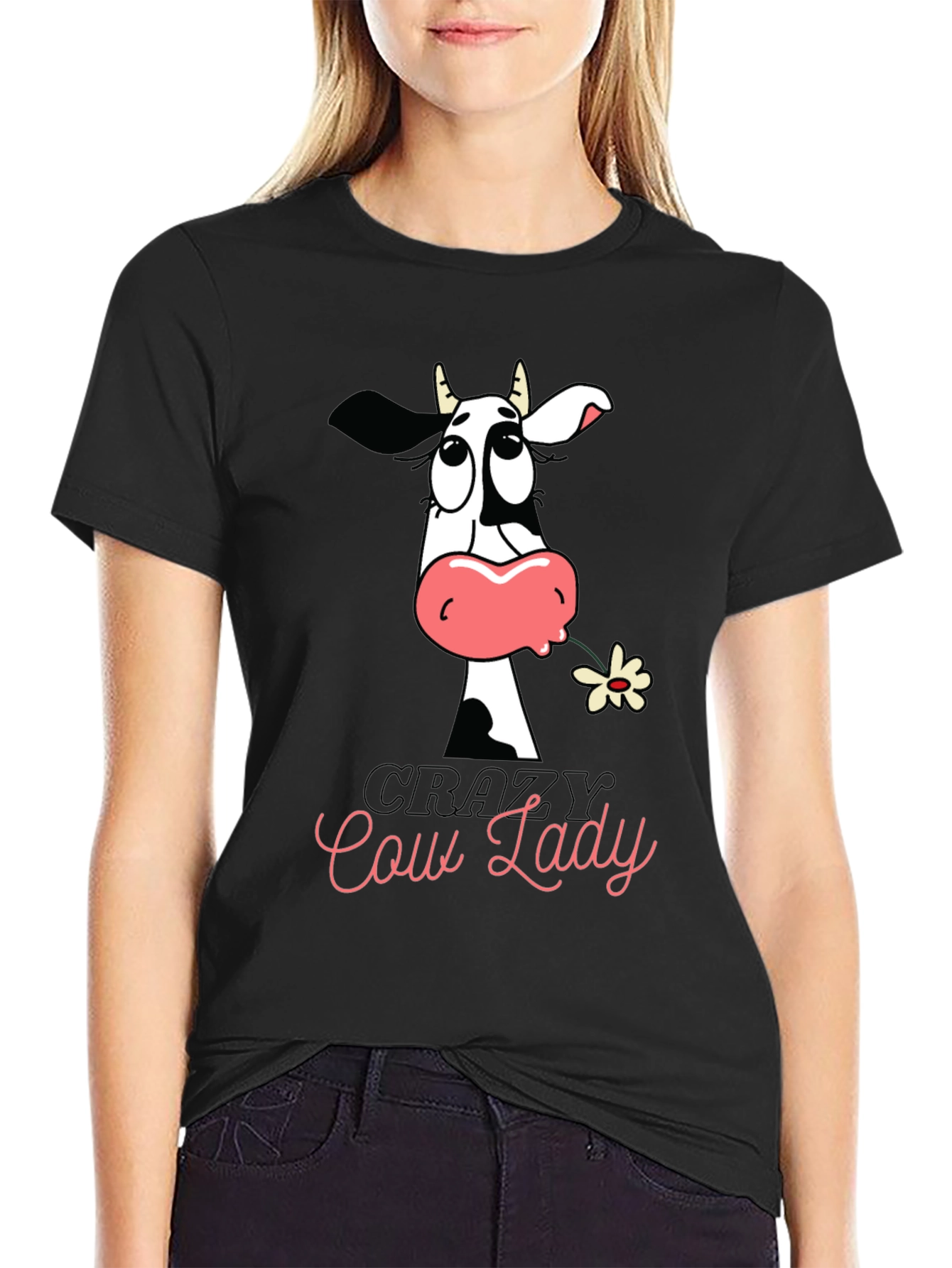 Crazy Cow Lady Graphic Tee - Black Cotton T-Shirt