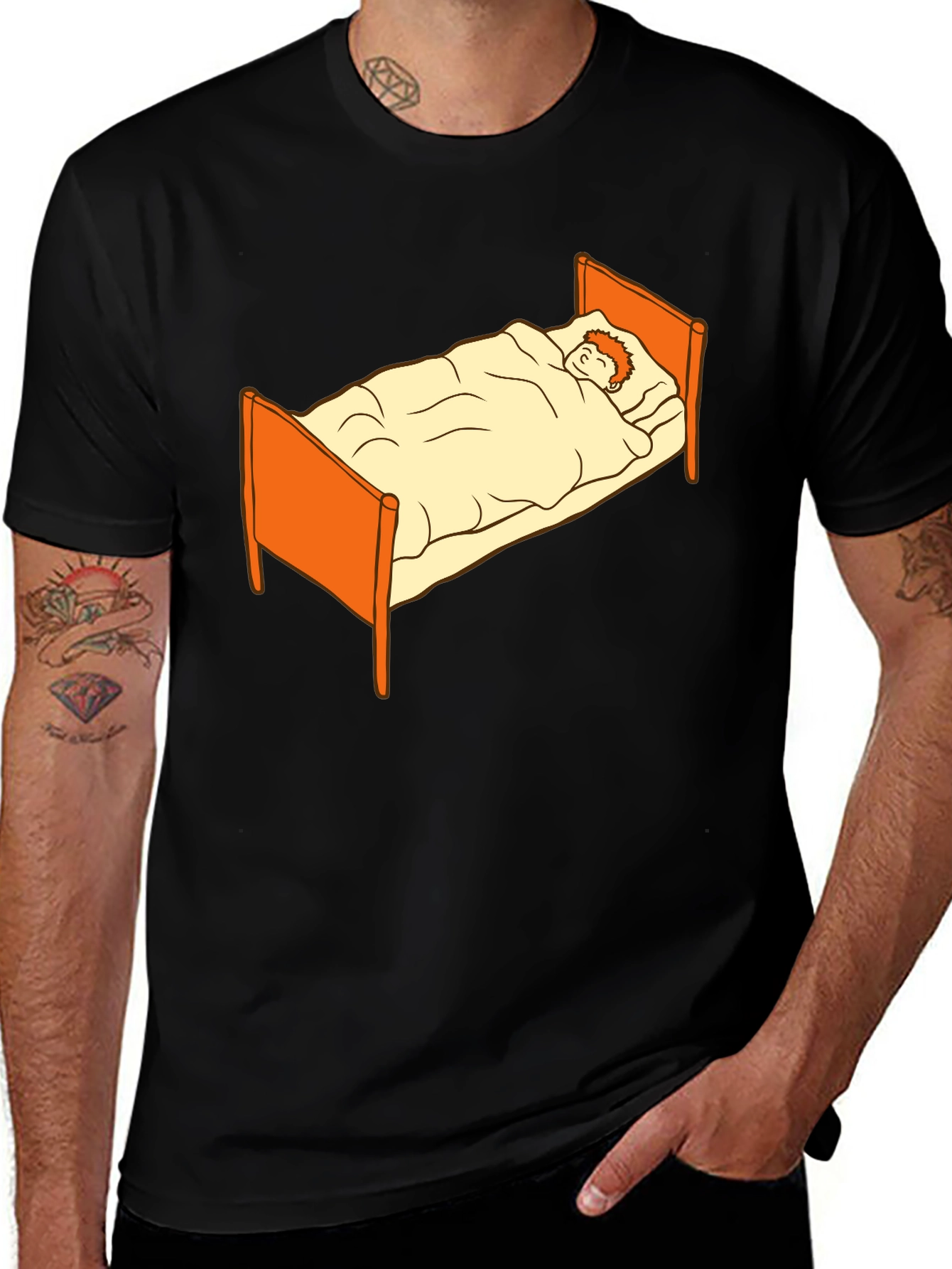 Sleepy Cartoon Man in Bed Graphic Tee - Black