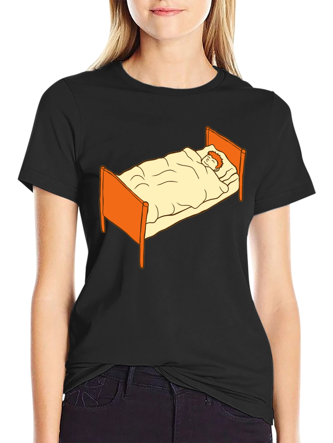 Sleepy Cartoon Man in Bed Graphic Tee - Black