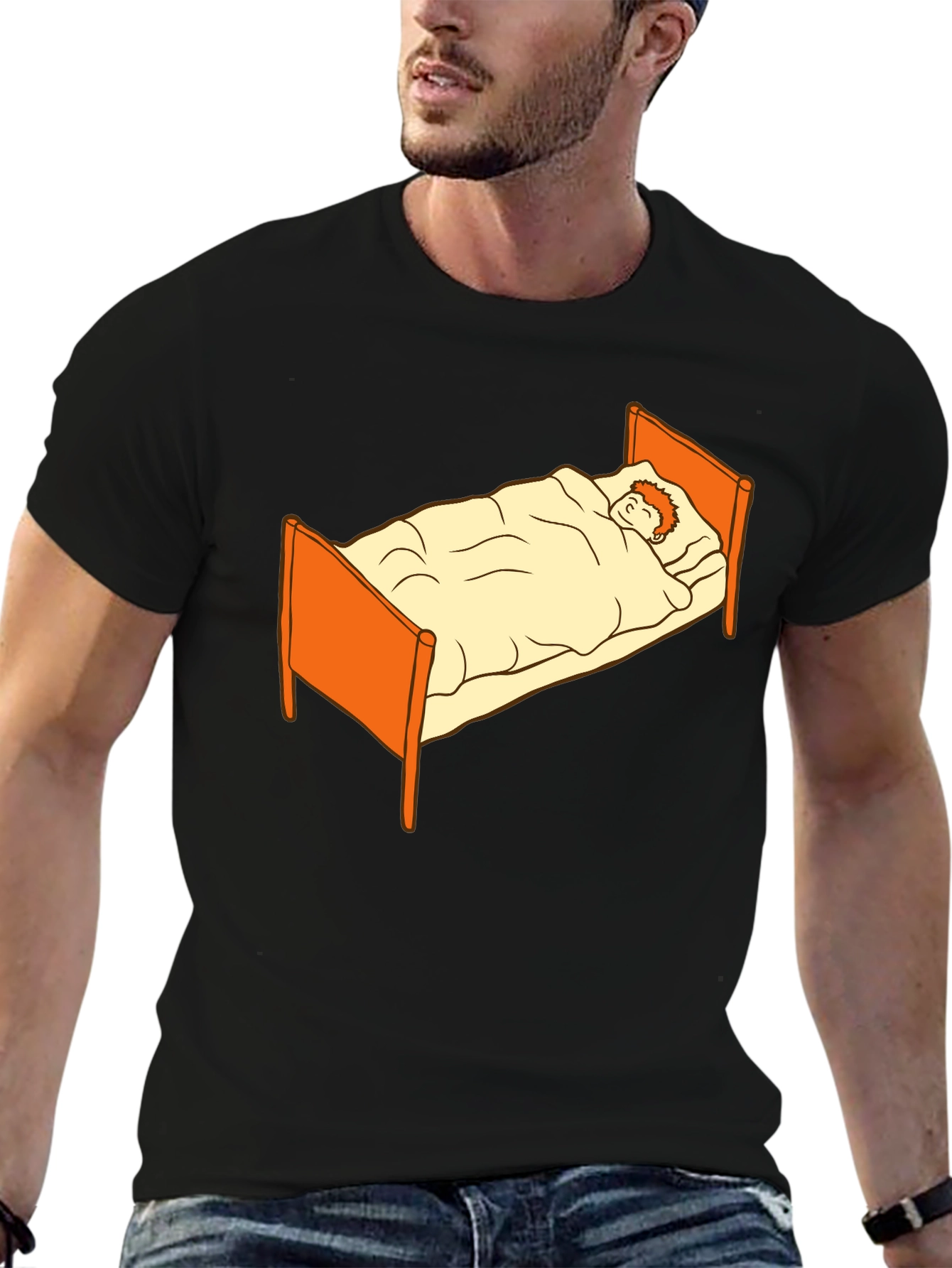 Sleepy Cartoon Man in Bed Graphic Tee - Black