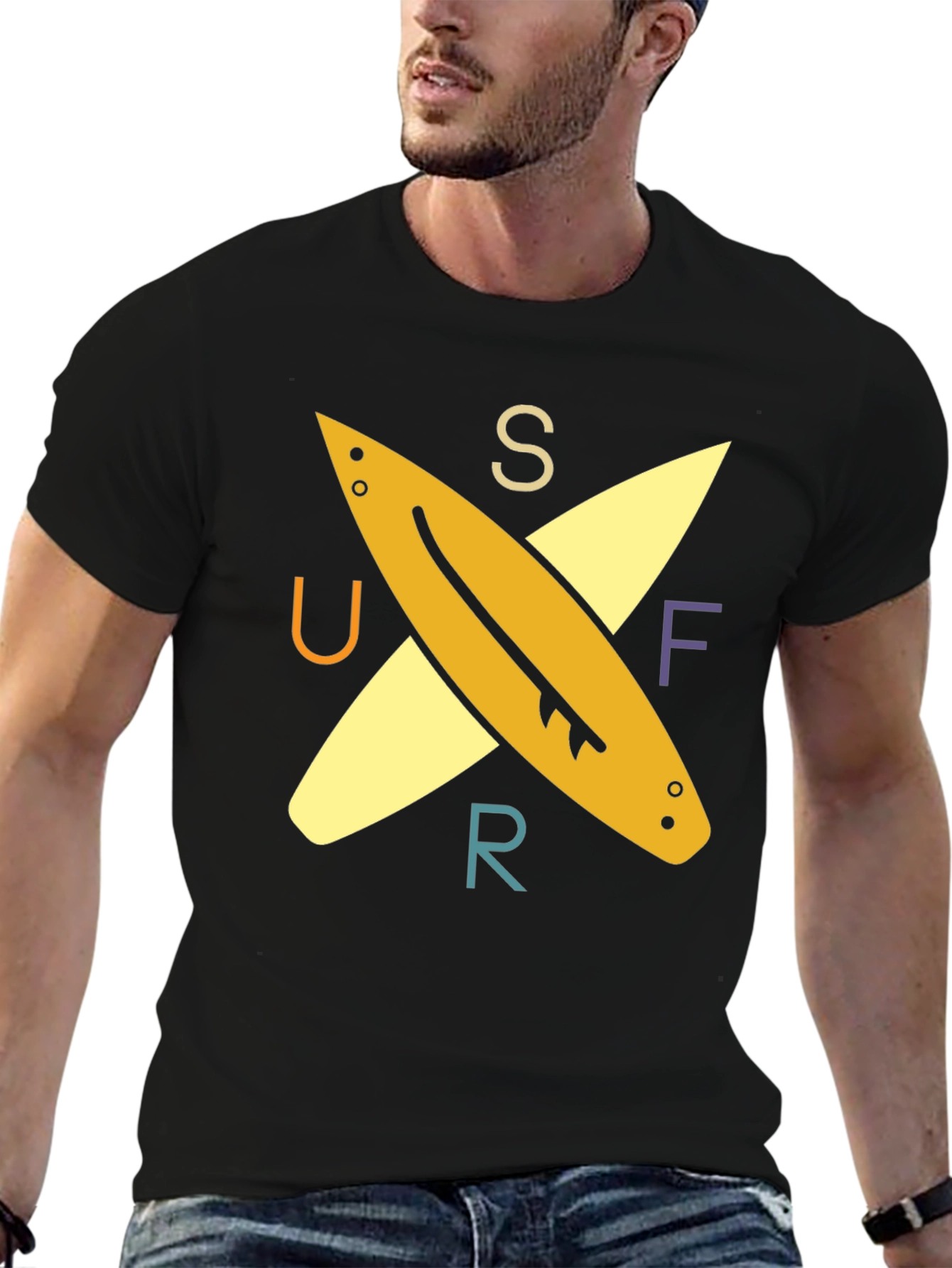 Surfer Tee: Retro Surfboard Design Black T-Shirt