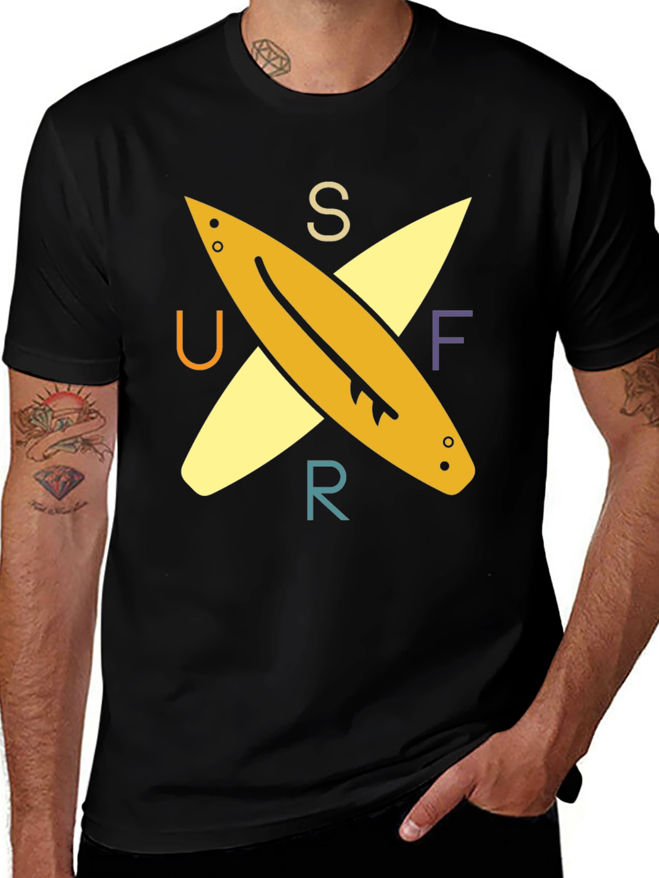 Surfer Tee: Retro Surfboard Design Black T-Shirt