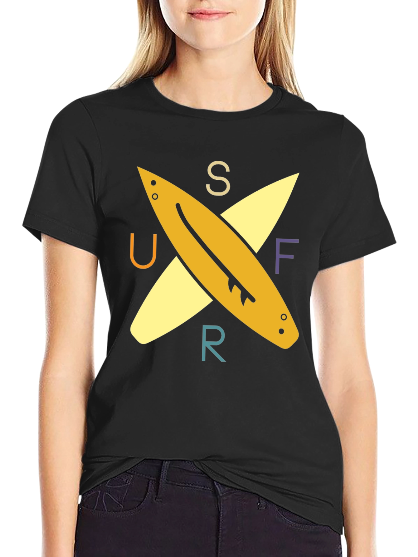 Surfer Tee: Retro Surfboard Design Black T-Shirt