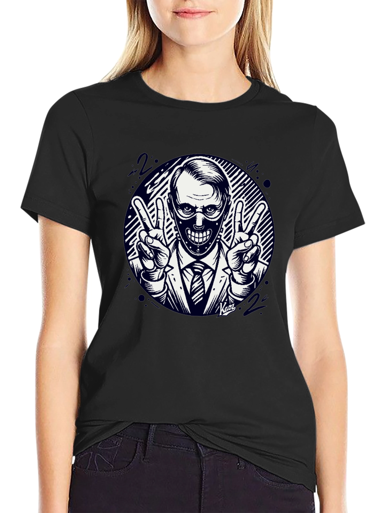 Masked Man Peace Sign Black T-Shirt