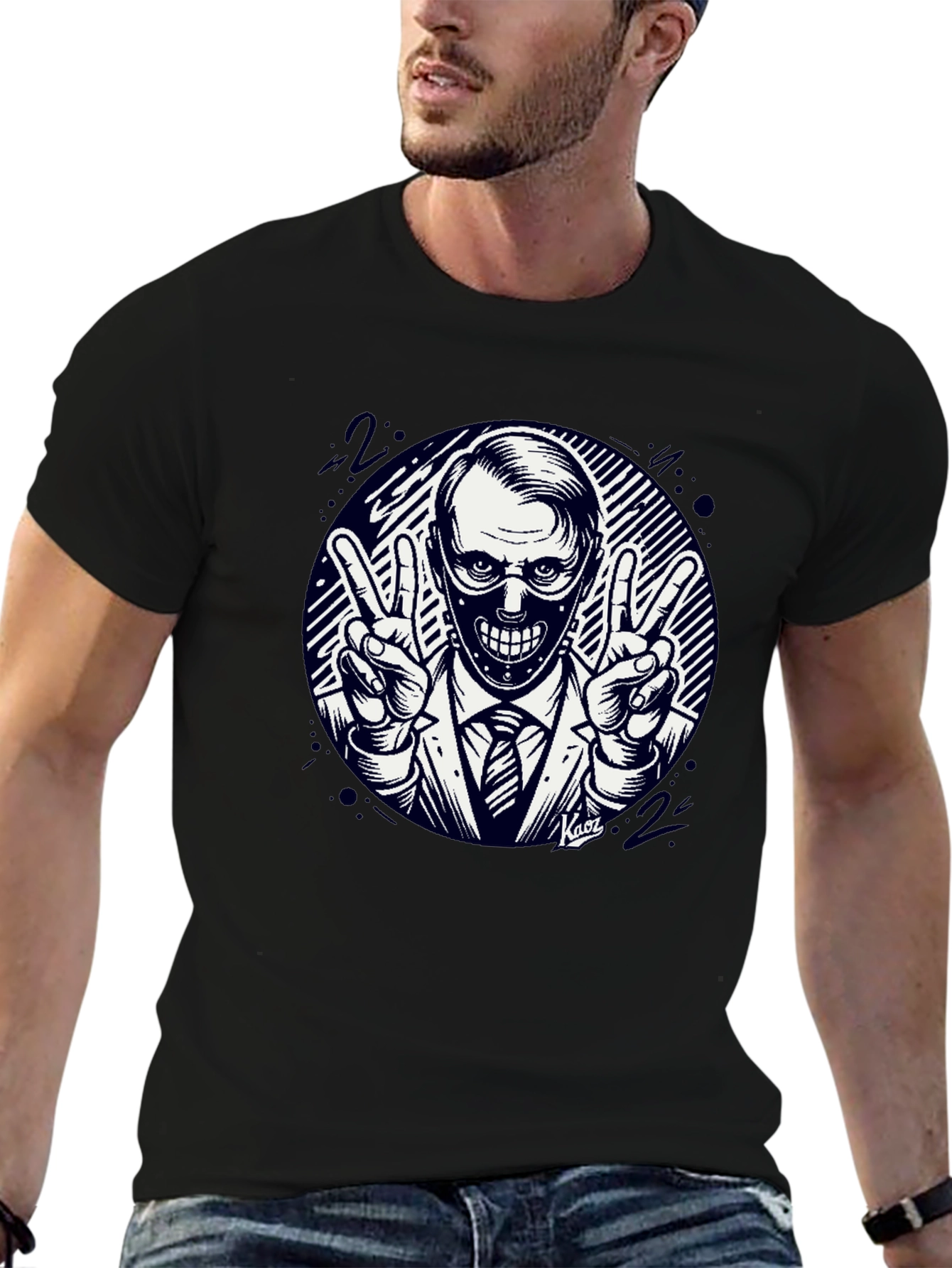 Masked Man Peace Sign Black T-Shirt