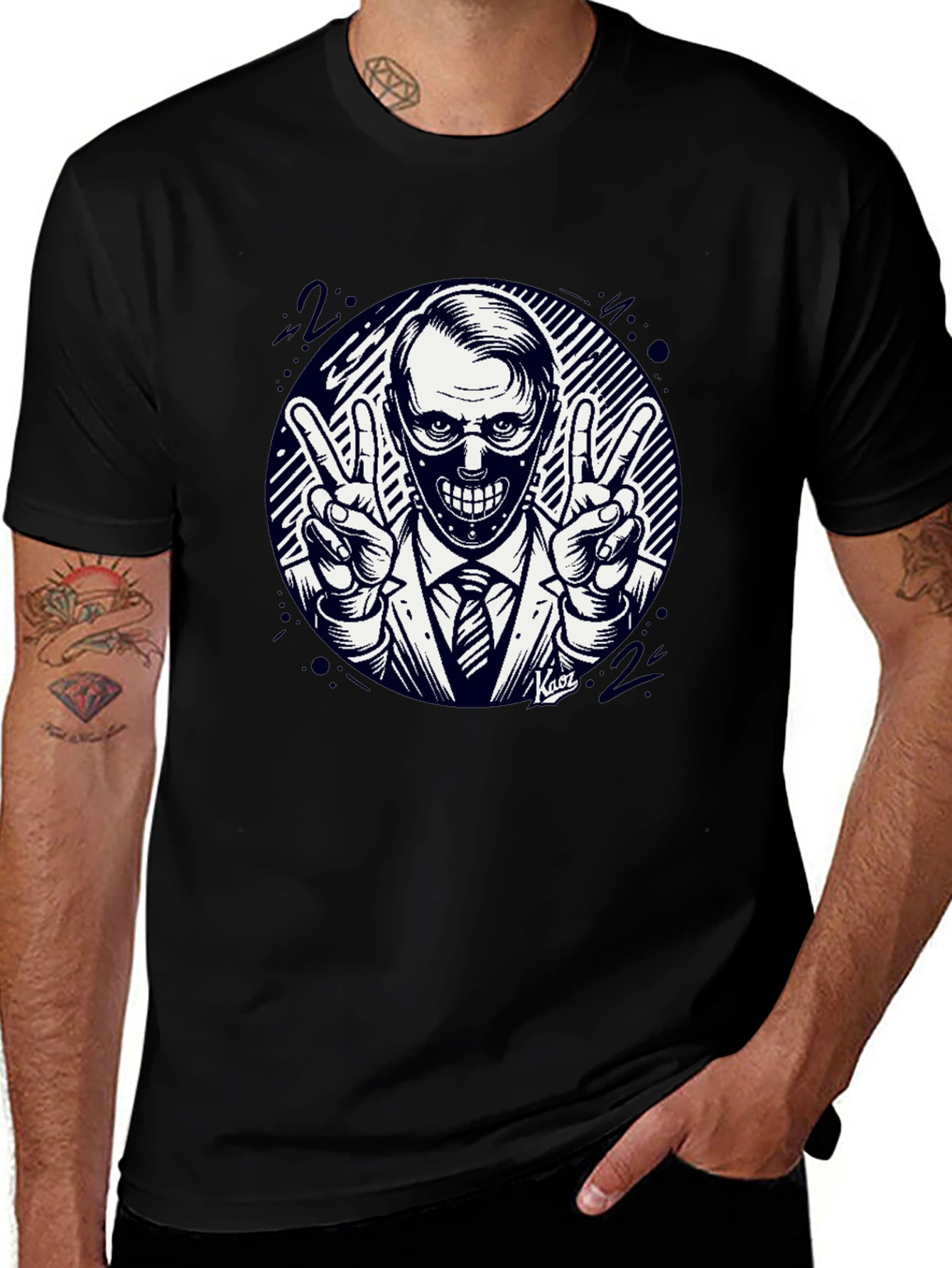 Masked Man Peace Sign Black T-Shirt