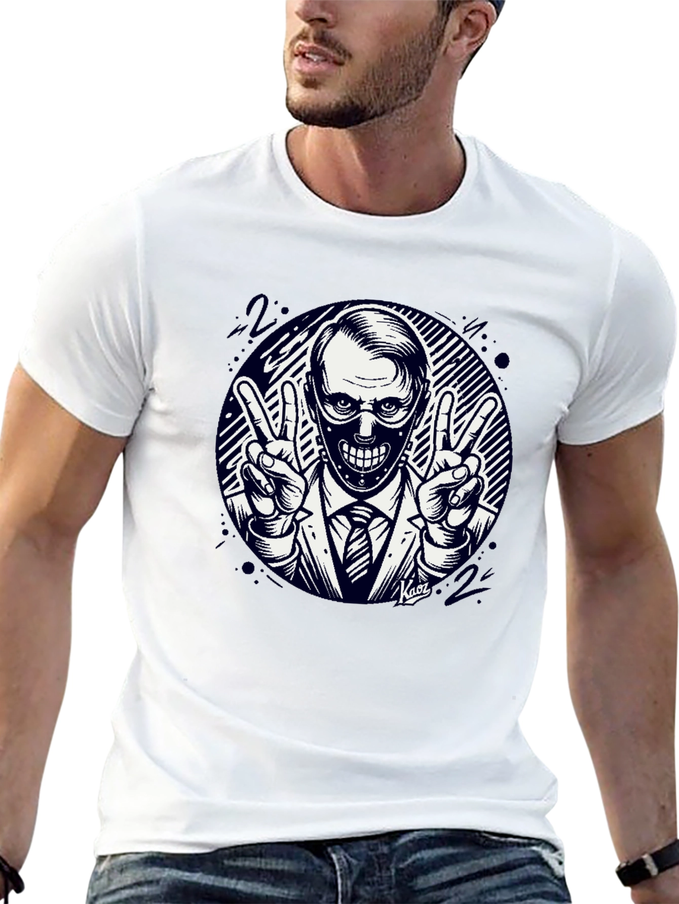 Masked Man Peace Sign Black T-Shirt