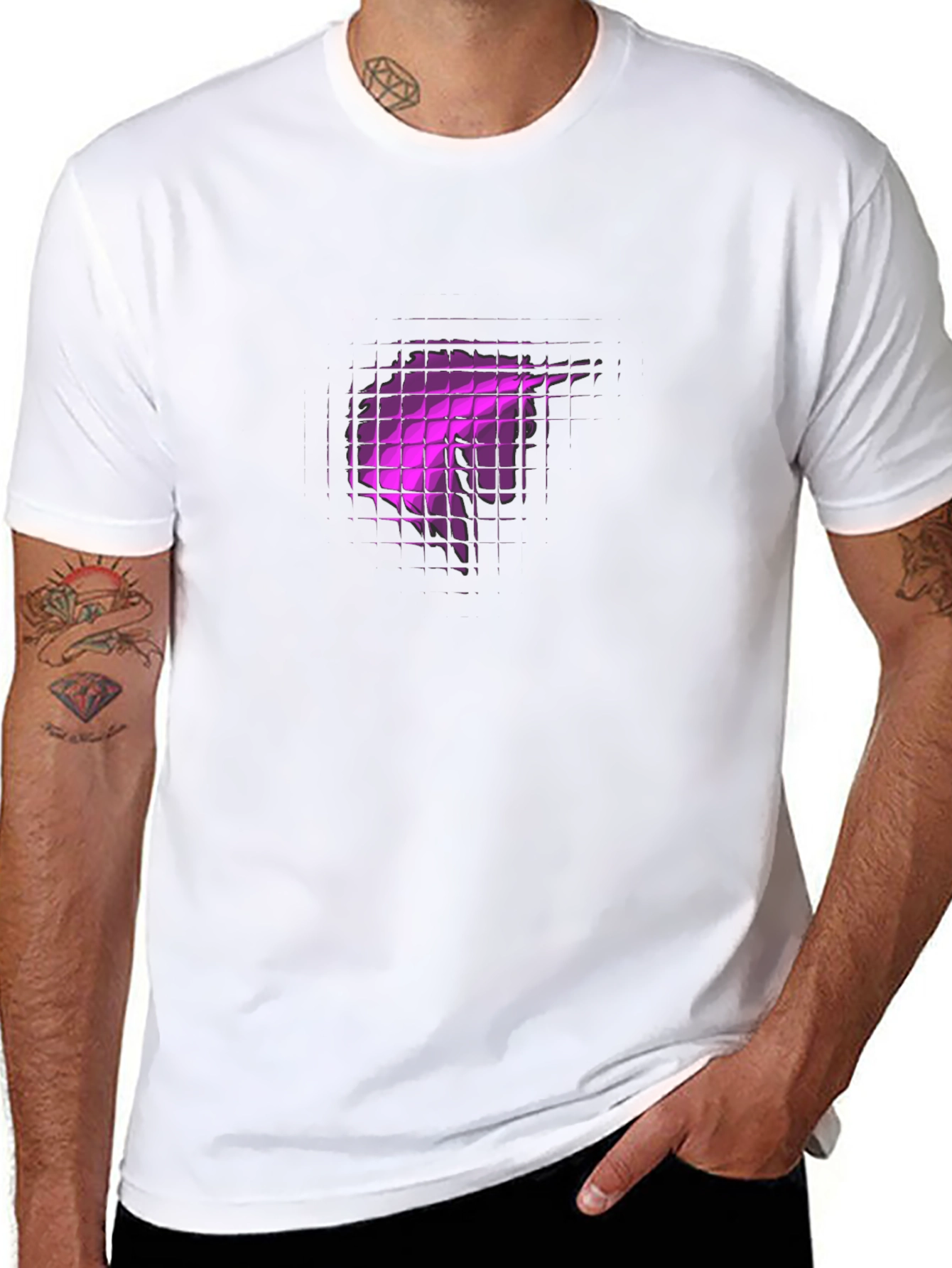 Black Tee with Abstract Purple Grid Design
