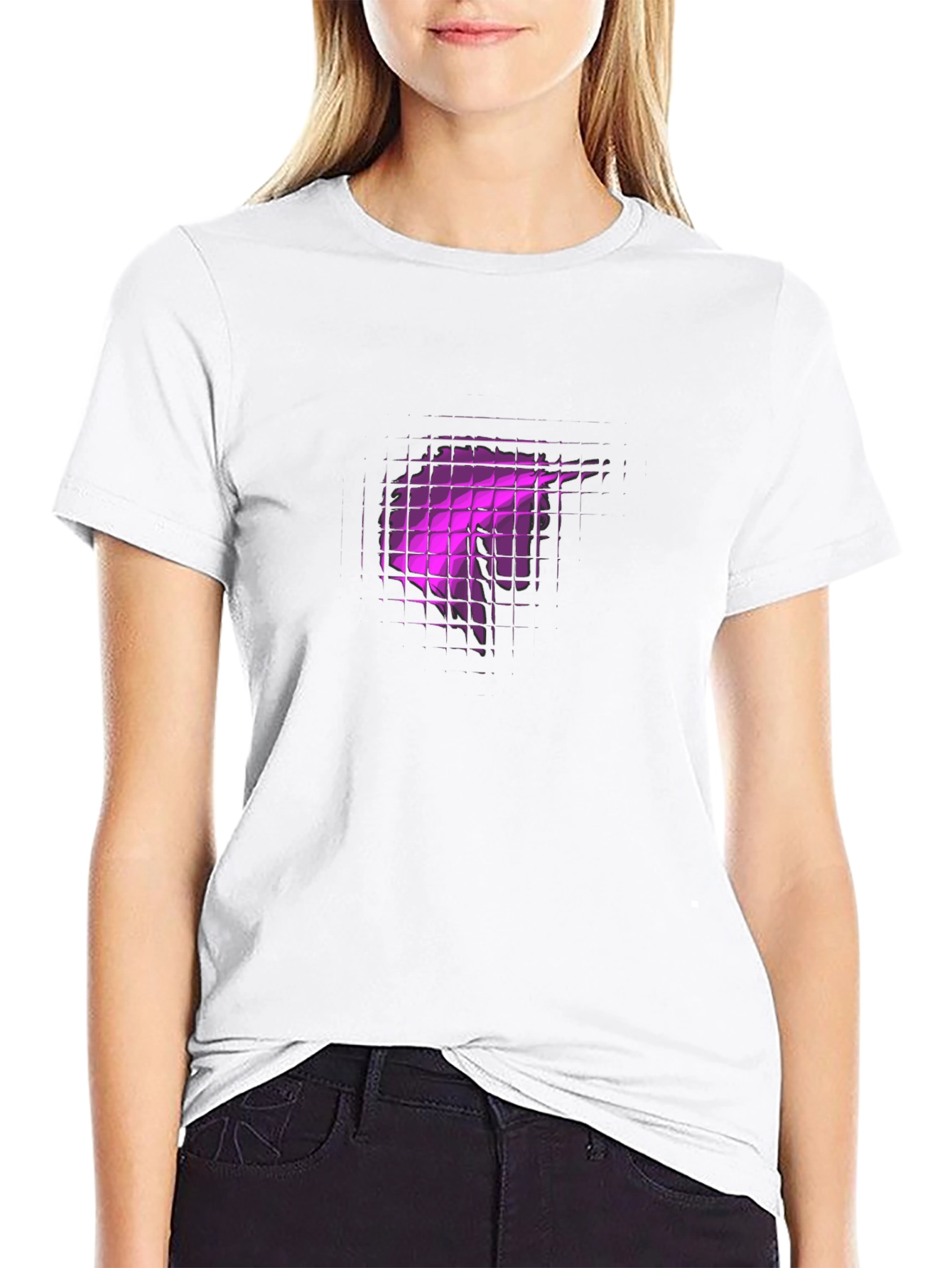 Black Tee with Abstract Purple Grid Design