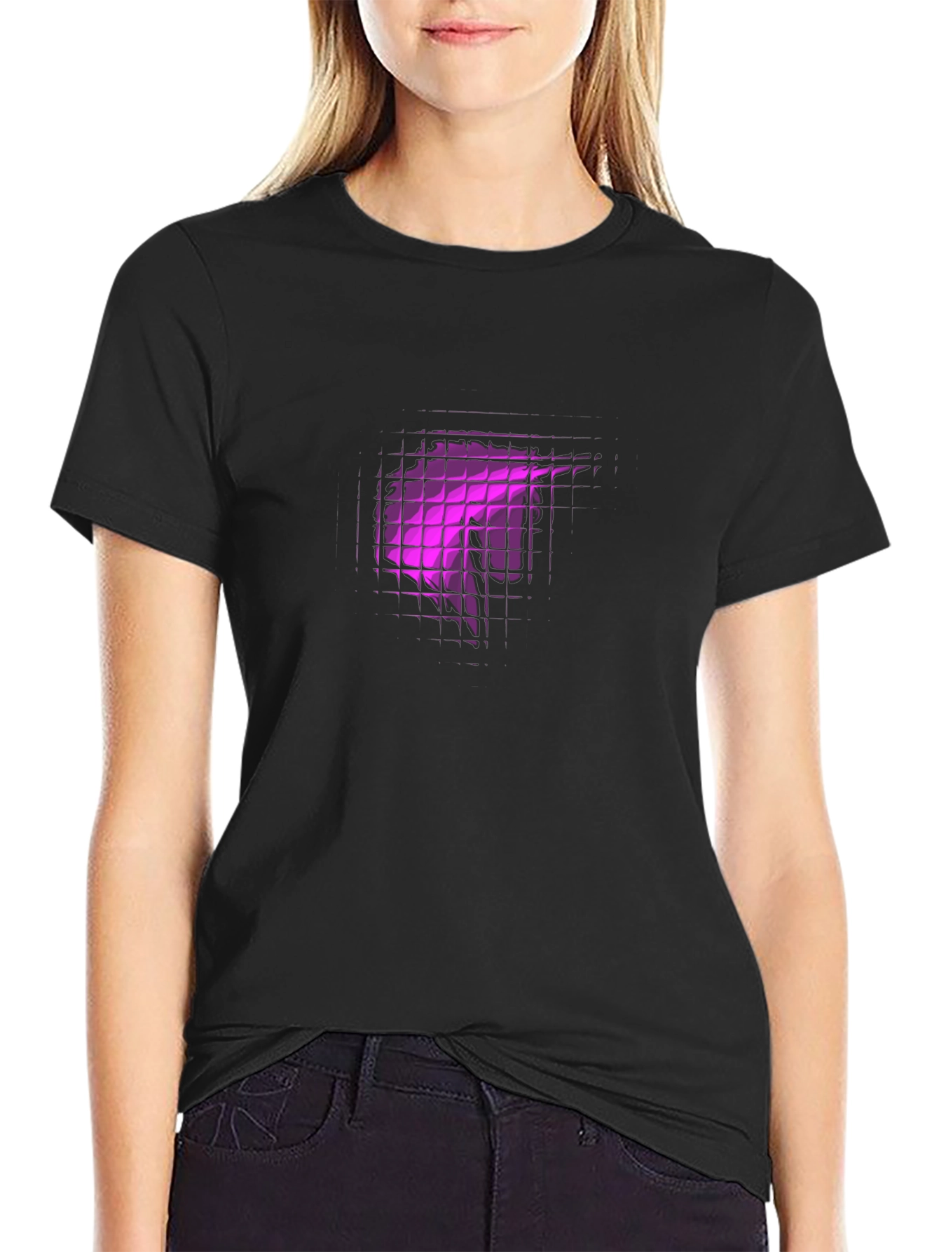 Black Tee with Abstract Purple Grid Design