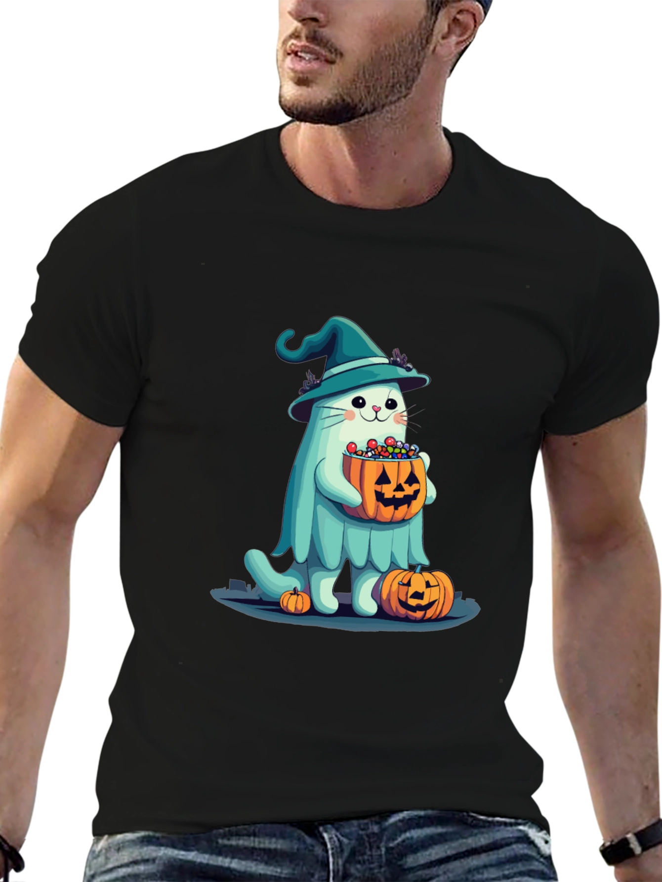 Halloween Cat Ghost T-Shirt - Witch Cat