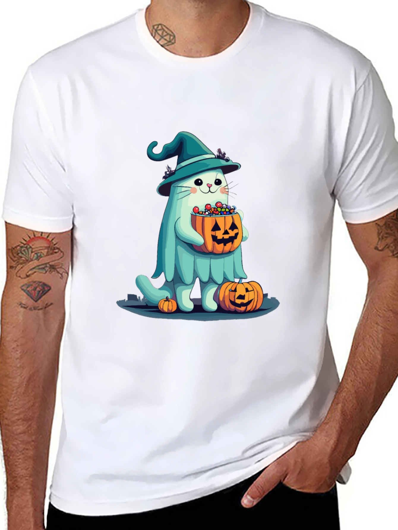 Halloween Cat Ghost T-Shirt - Witch Cat