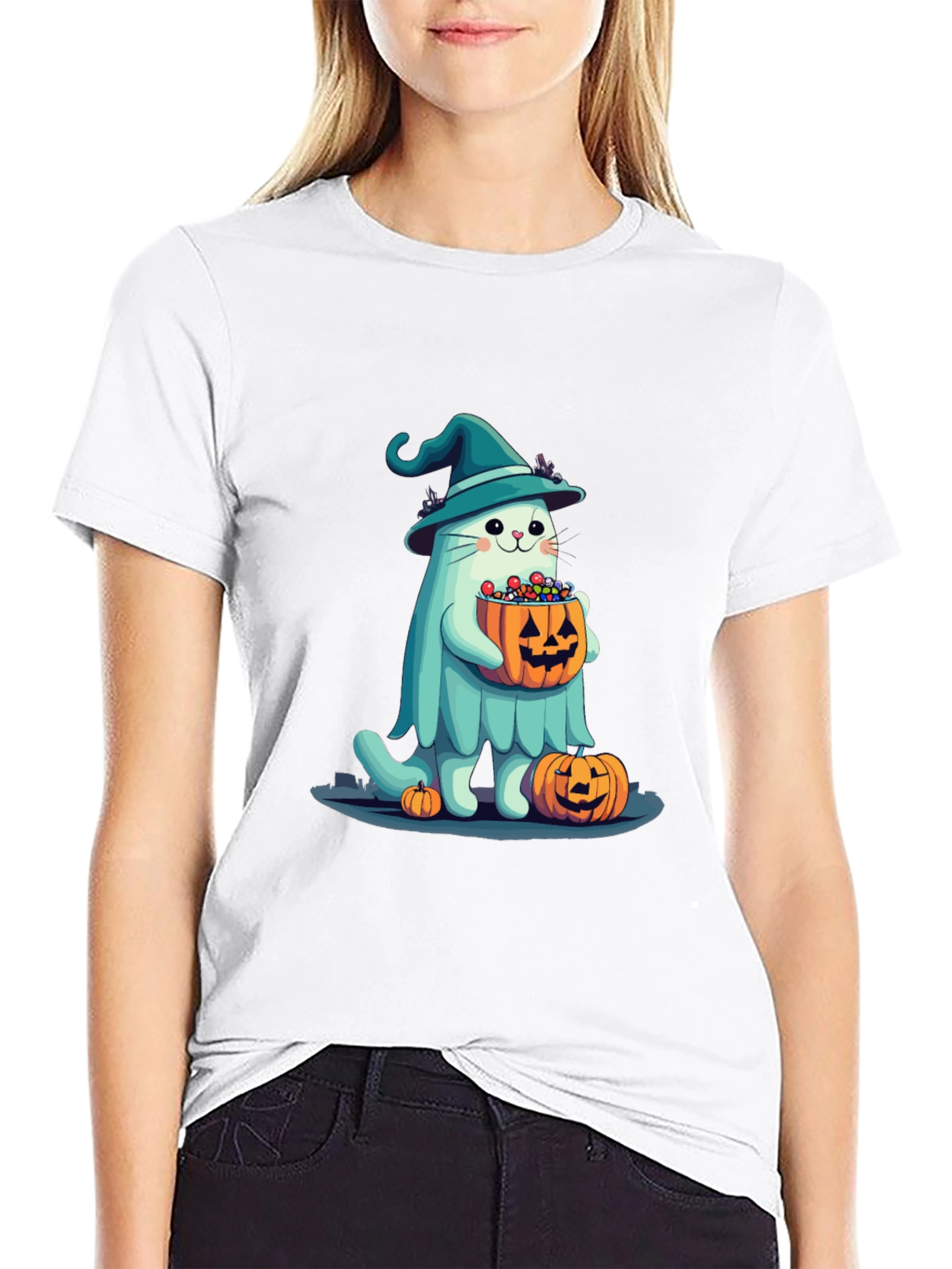 Halloween Cat Ghost T-Shirt - Witch Cat