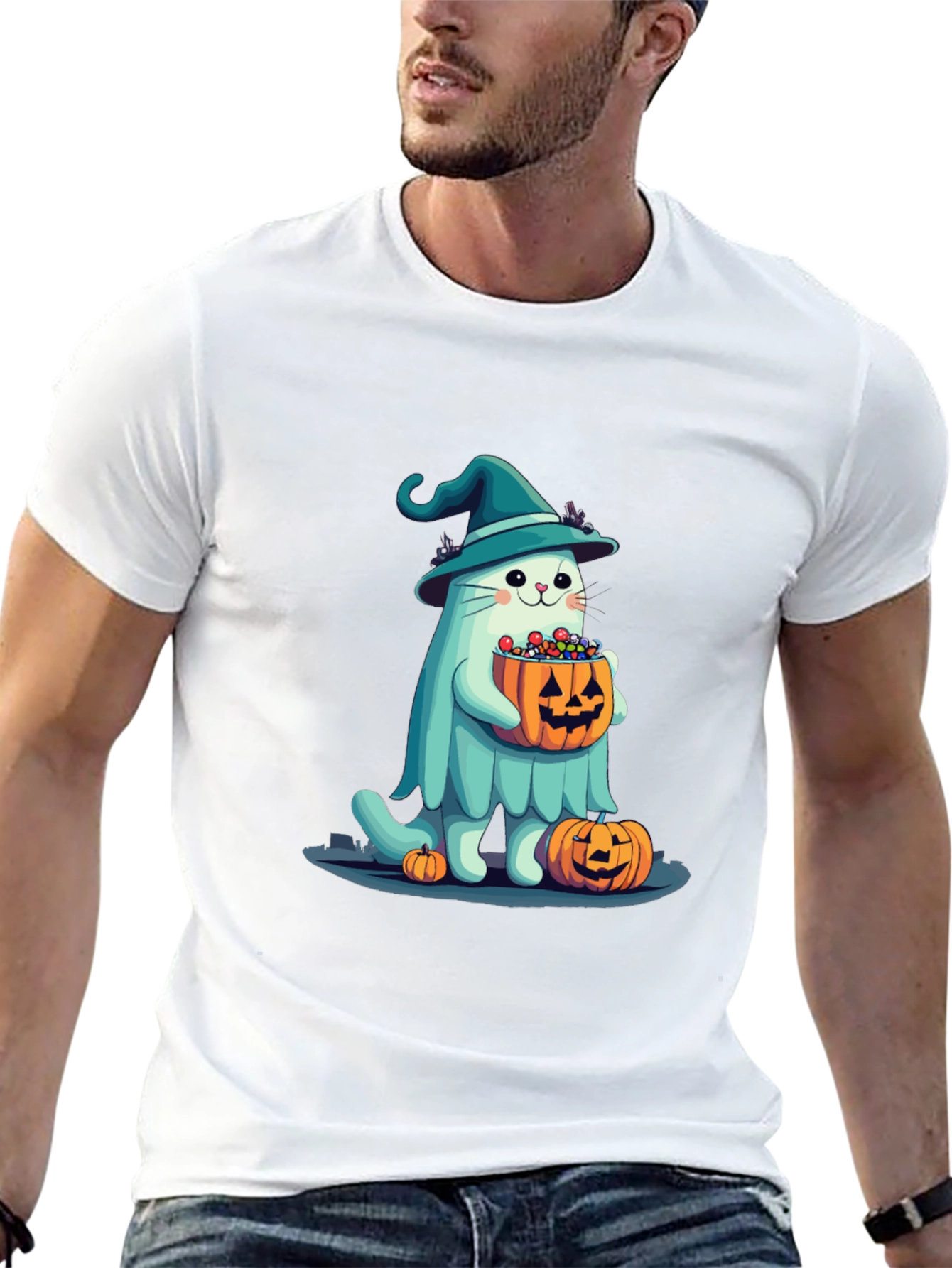 Halloween Cat Ghost T-Shirt - Witch Cat