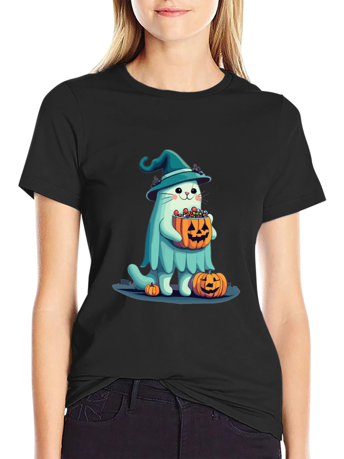 Halloween Cat Ghost T-Shirt - Witch Cat