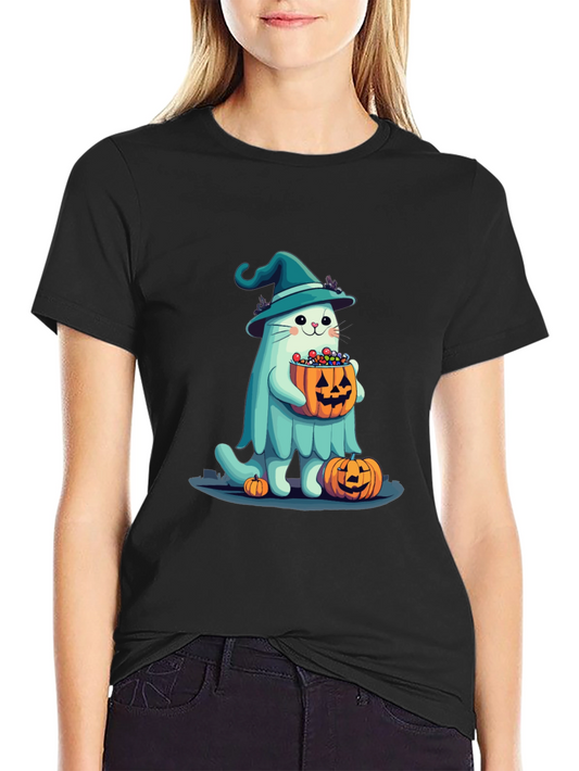 Halloween Cat Ghost T-Shirt - Witch Cat