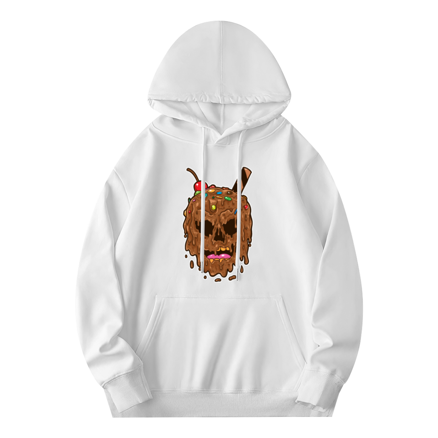 Melting Chocolate Ice Cream Skull Cute White Hoodie, Soft Unisex Sweet Style Top